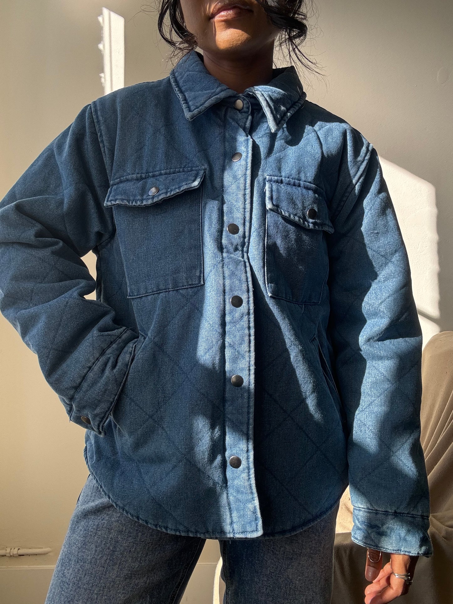 Henry Cotton Quilted Denim Coat Jacket In Vintage Blue