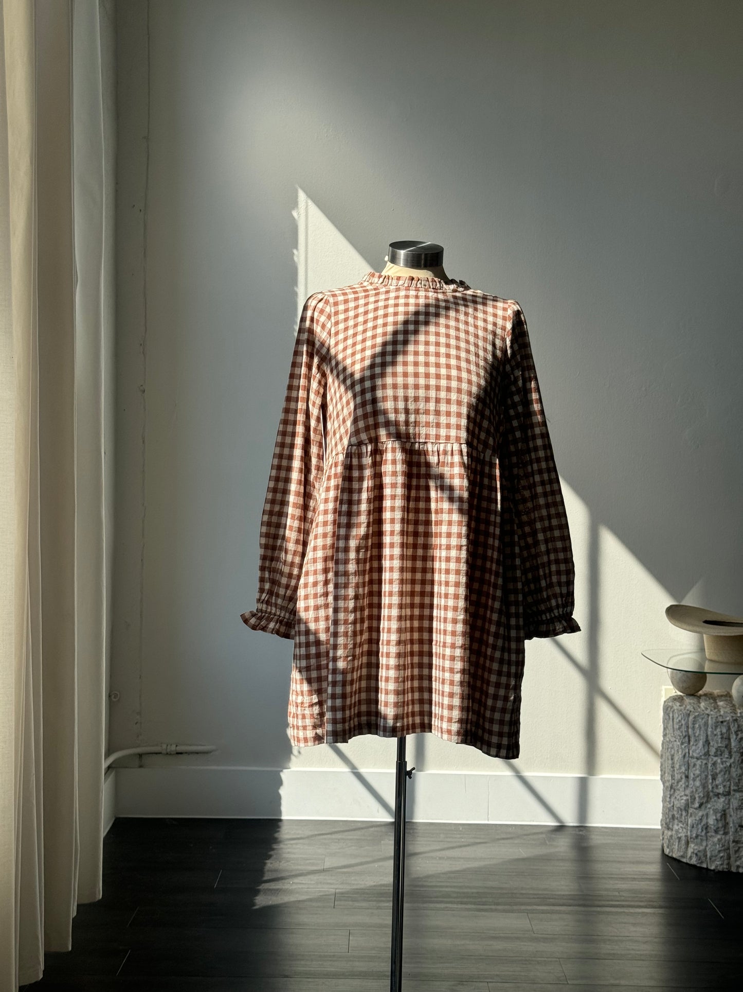Angie Cotton Mock Neck Gingham Dress In Coffee