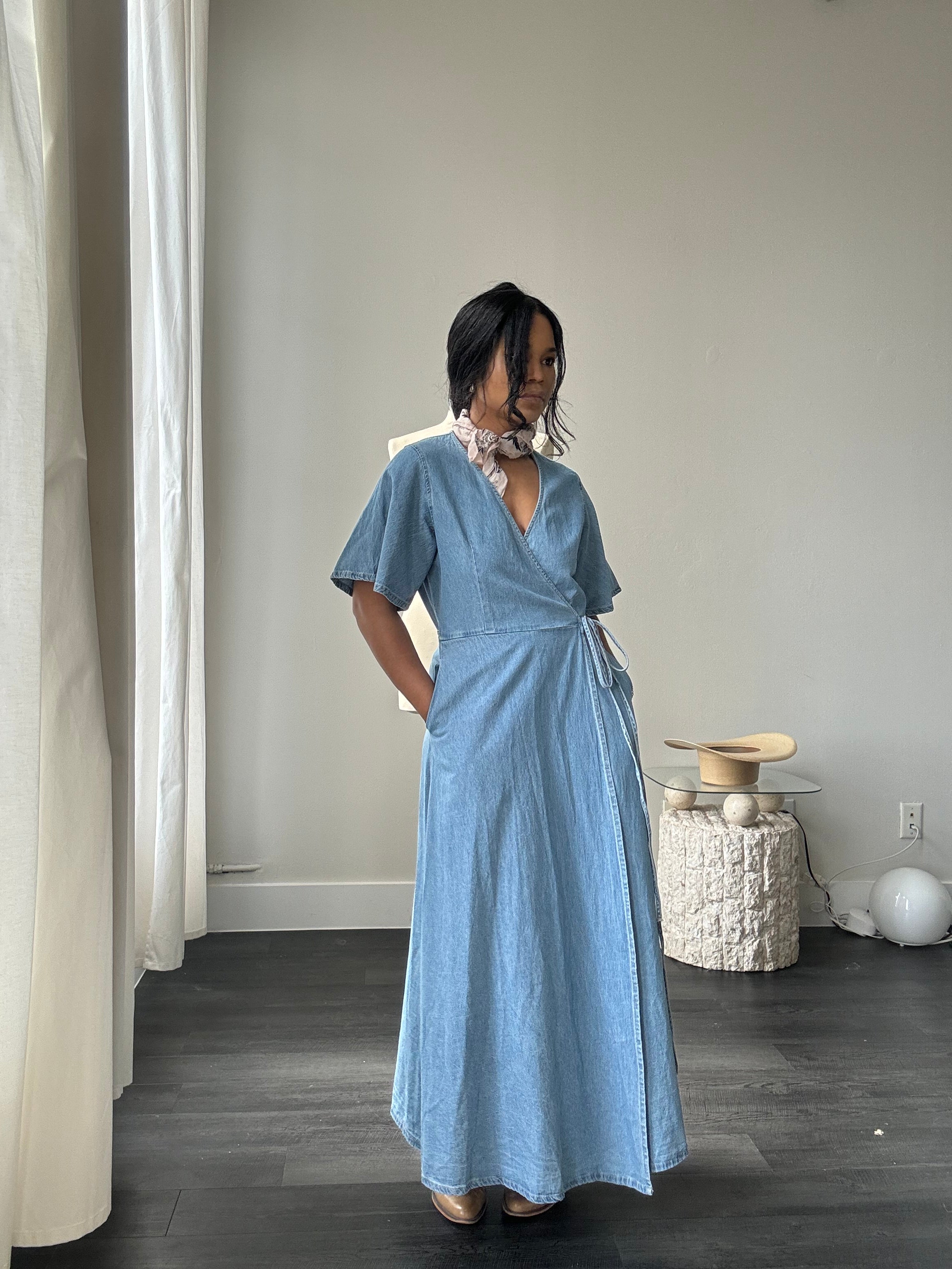 Robbyn Cotton Denim Wrap Dress In Light Wash Robbyn Cotton Denim Wrap Dress In Light Wash