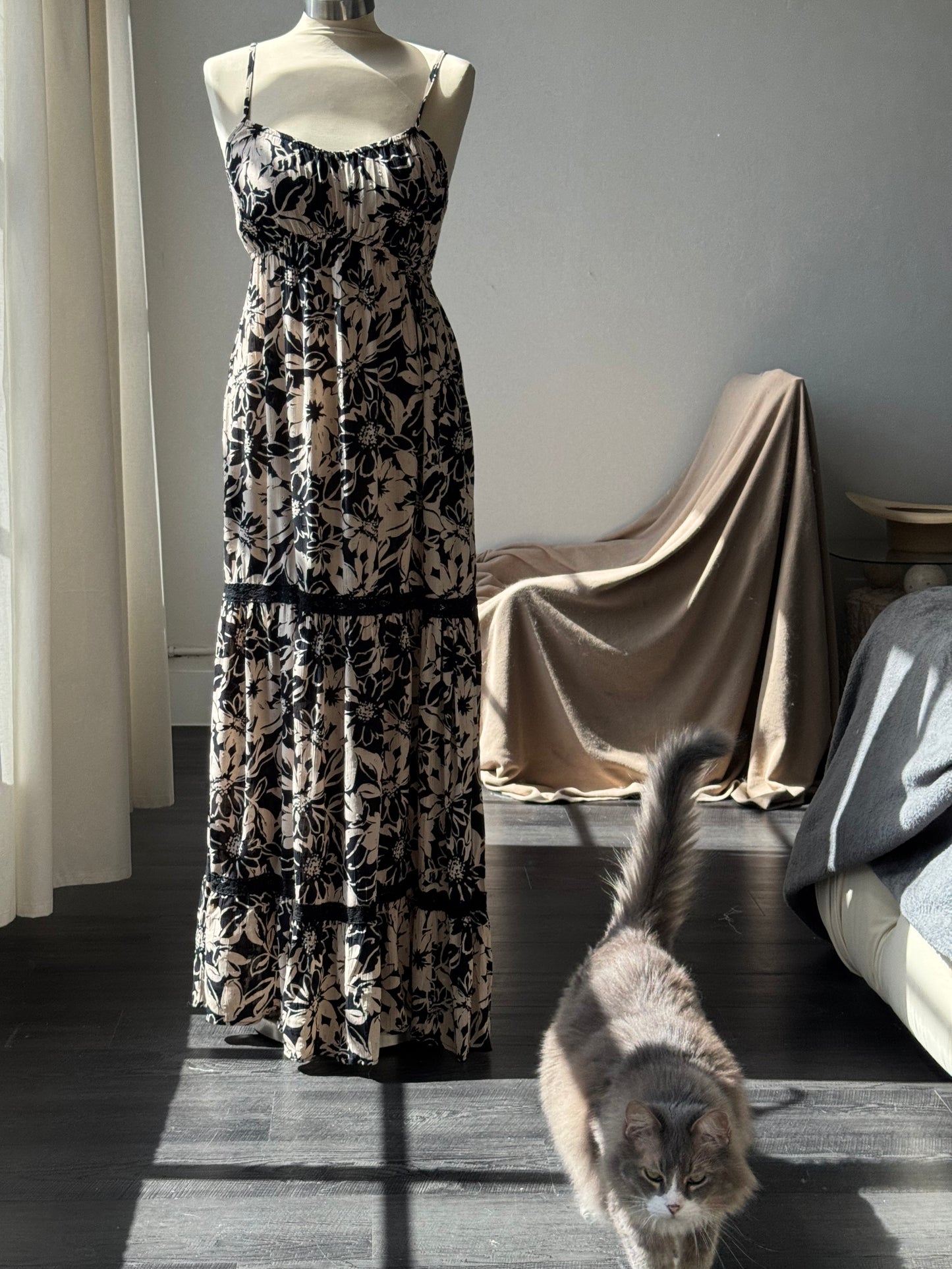 Floral Tired Maxi Dress In Black Taupe