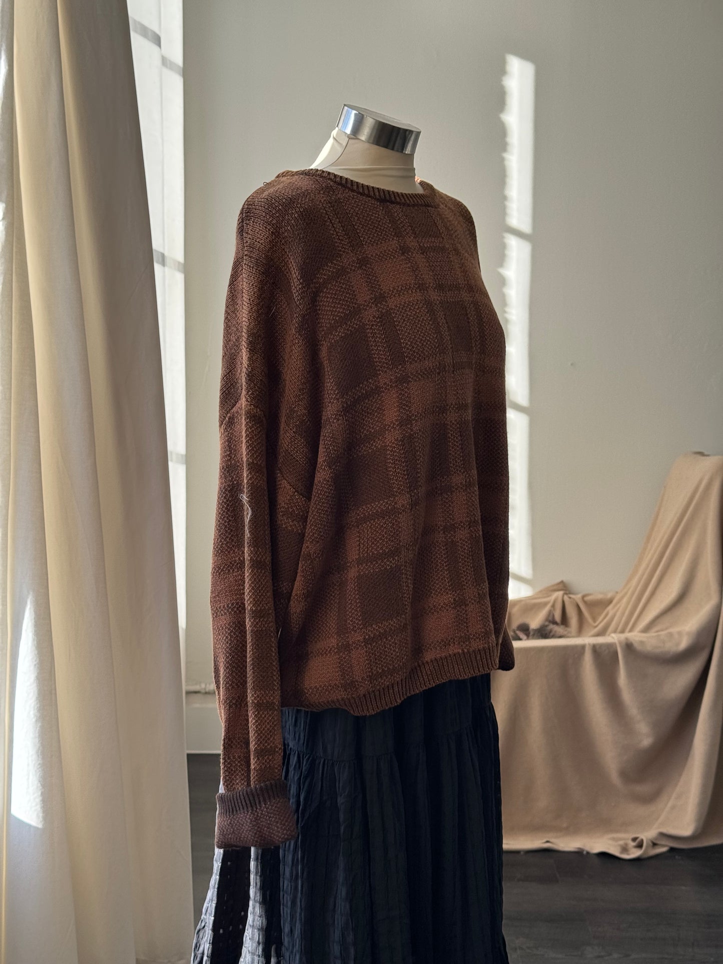 Quinn Cotton Plaid Pullover Sweater In Mocha Brown
