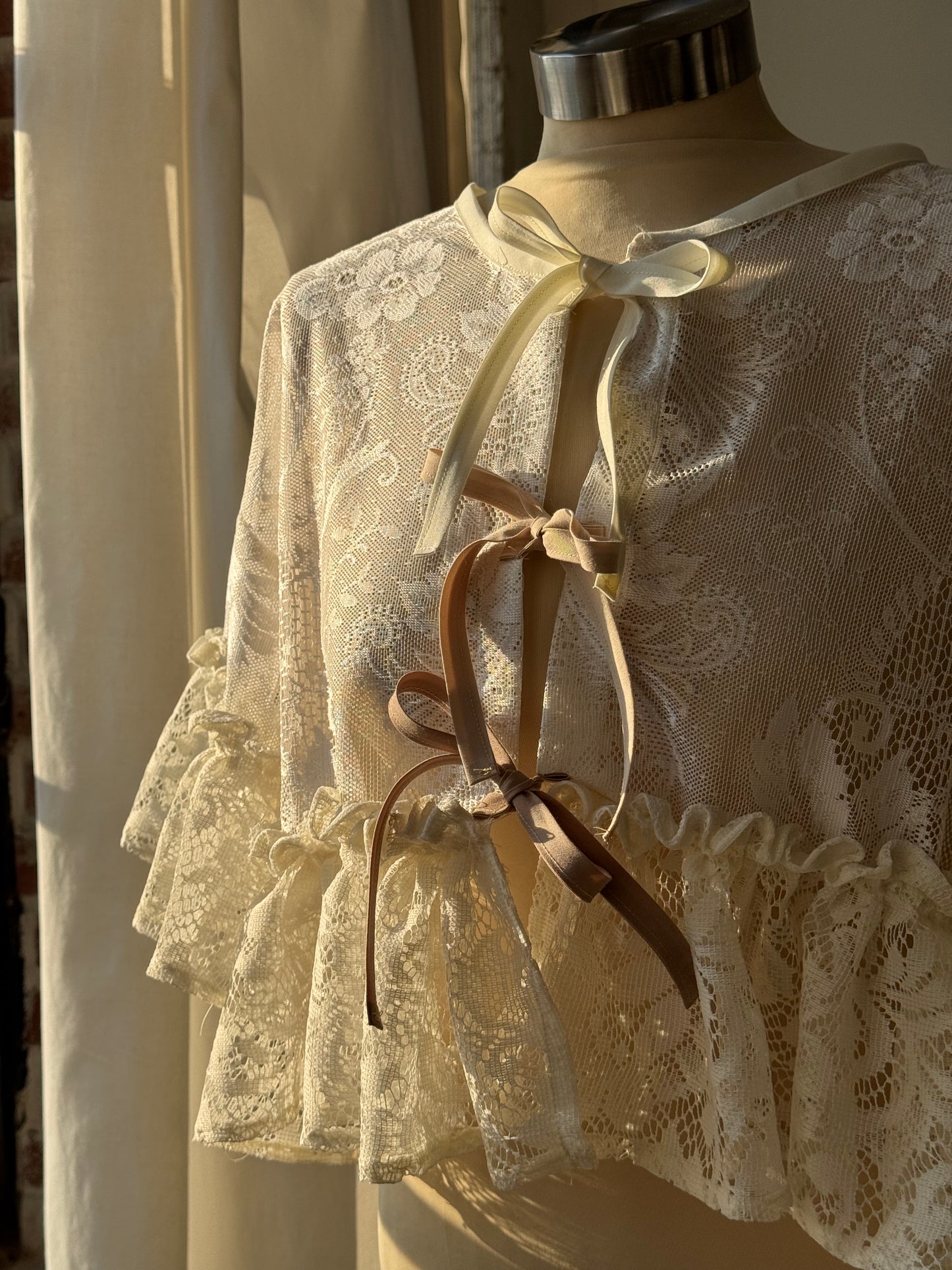 Eliza Two Tone Vintage Lace Handcrafted Ruffle Top In Ivory