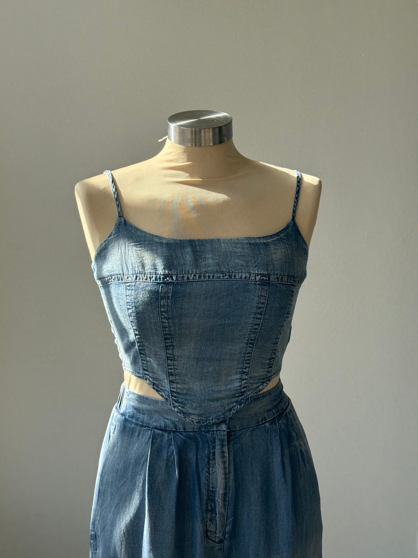 Jessie Denim Printed Corset Top In Faded Indigo