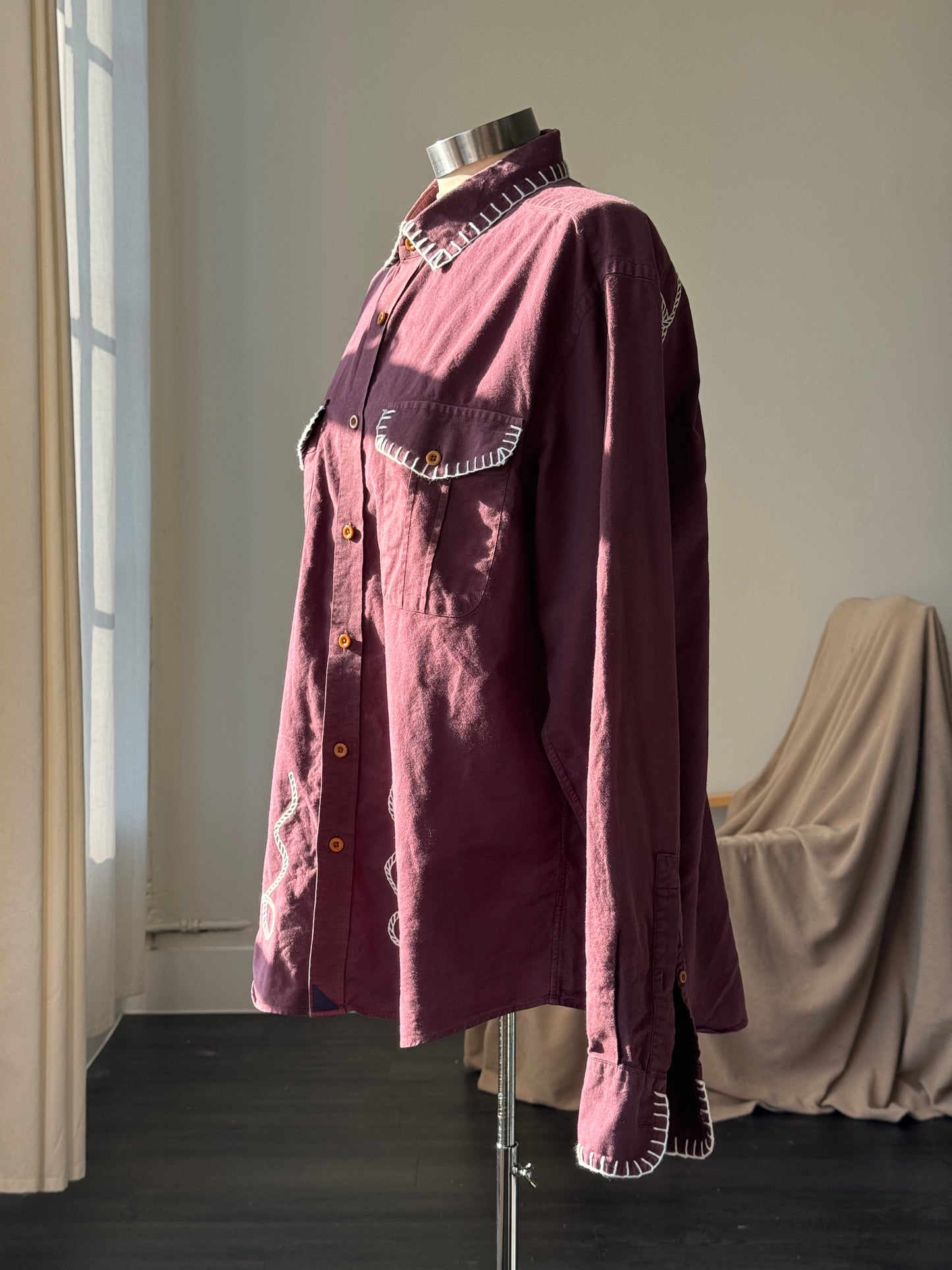 Michael Handcrafted Cowboy Blanket Stitch Embroidered Button Down In Red Brown