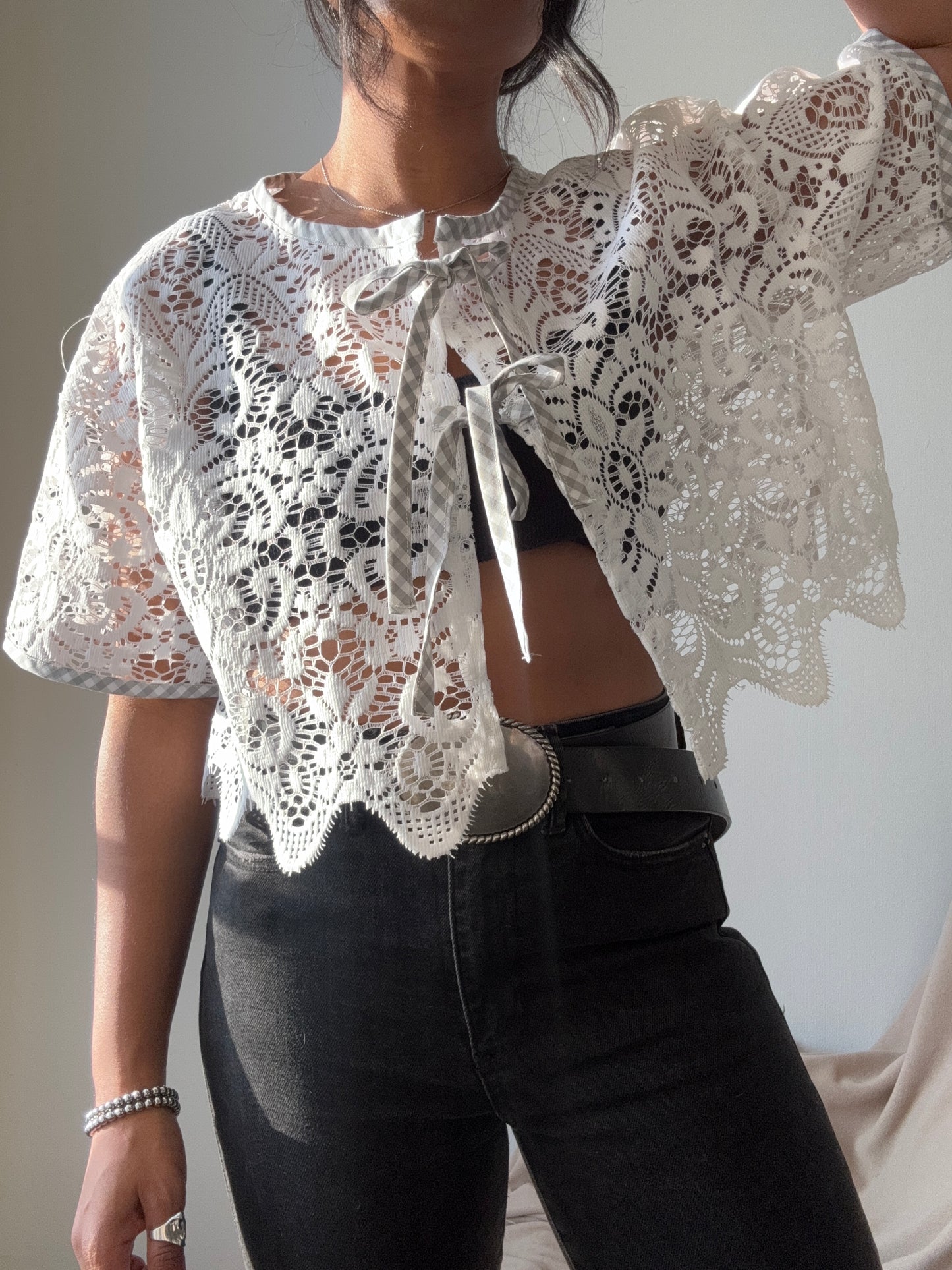 Velma Handcrafted Vintage Lace Wave Tie Top In White