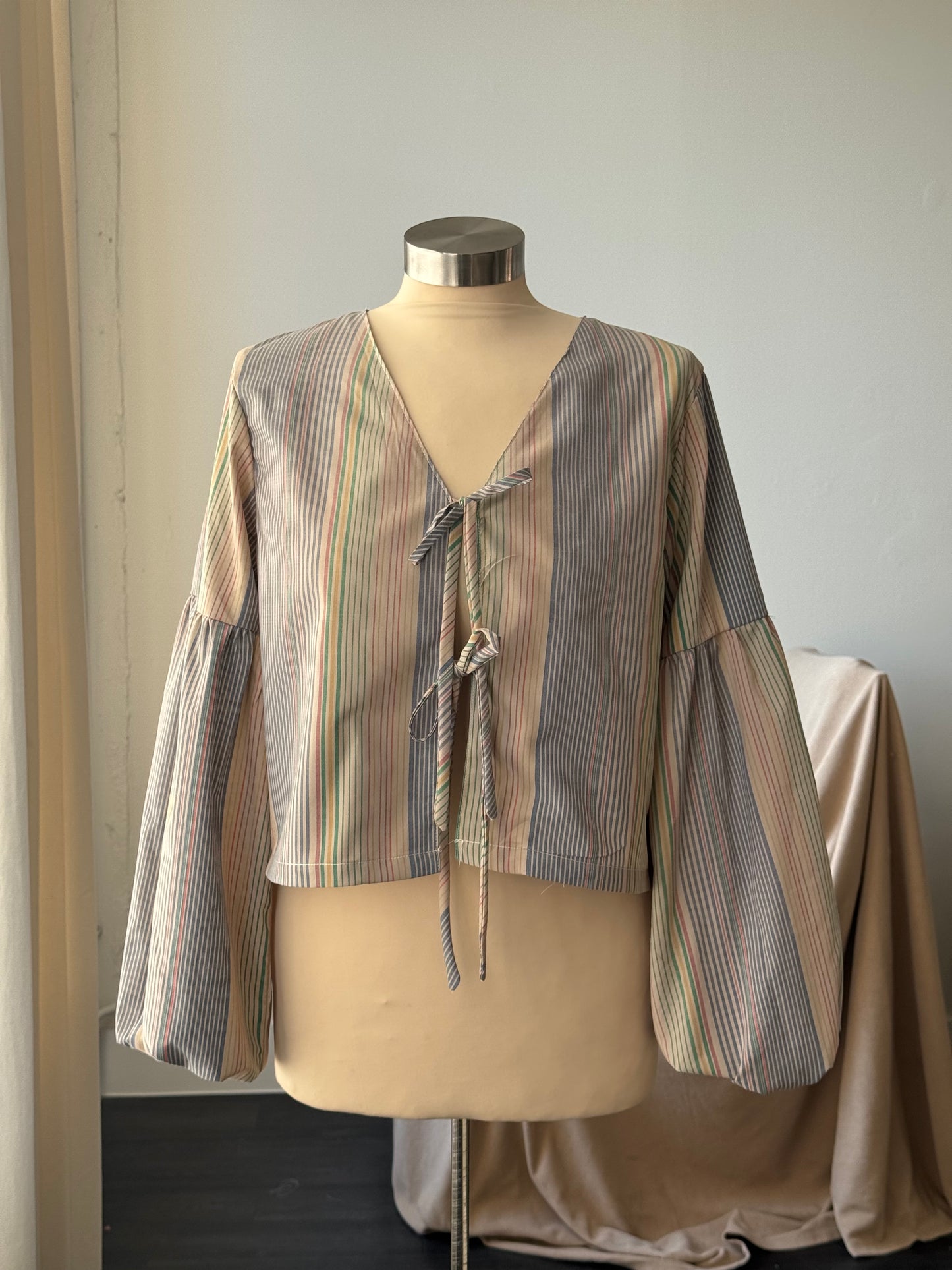 Brenda Faye Handcrafted Vintage Striped Lantern Sleeve Tie Front Top