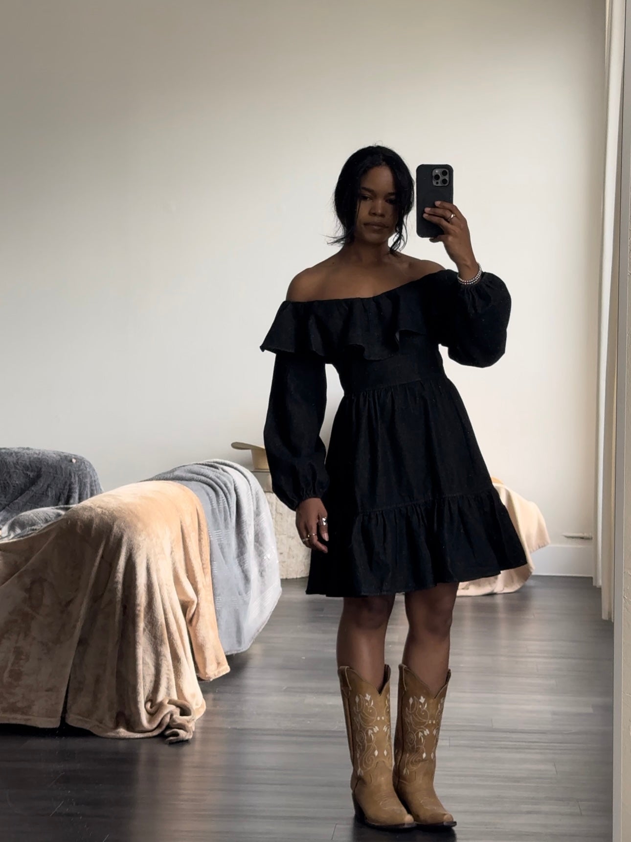 Carmen Cotton On Or Off Shoulder Classic Denim Dress In Vintage Black