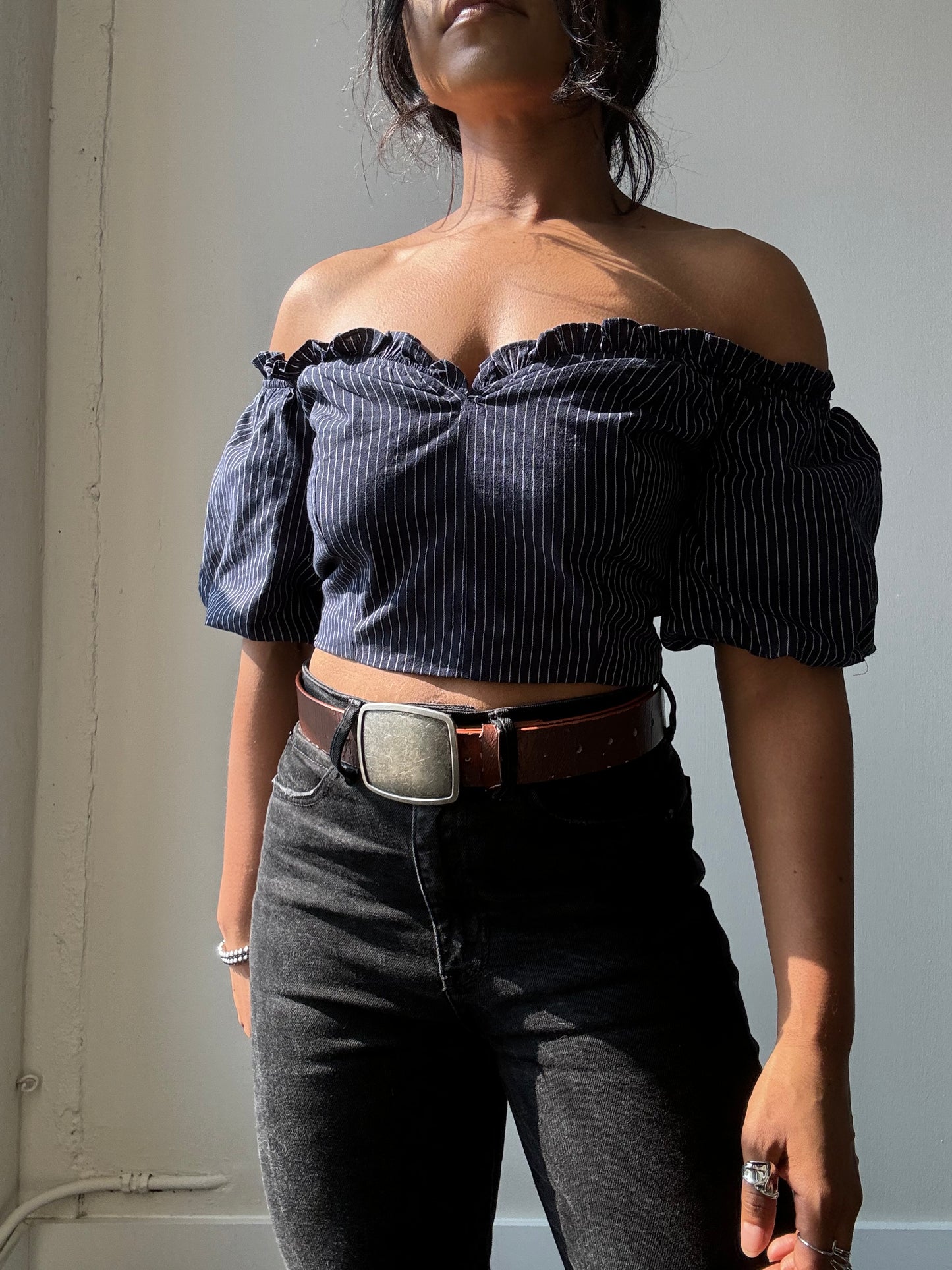Lori Cold Shoulder Pinstripe Puff Sleeve Crop Top In Navy