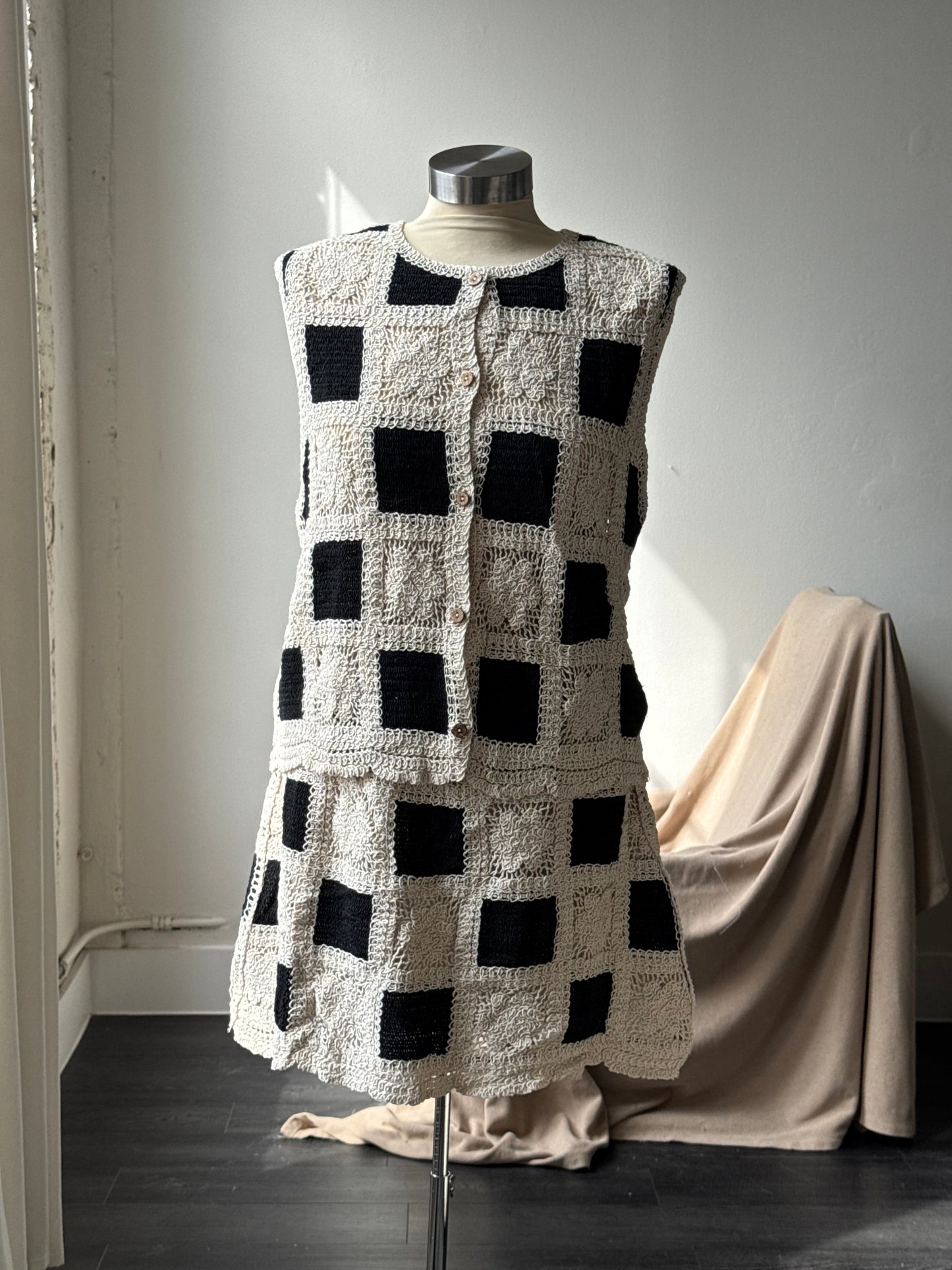 Katie Cotton Crochet Check Mini Skirt In Black