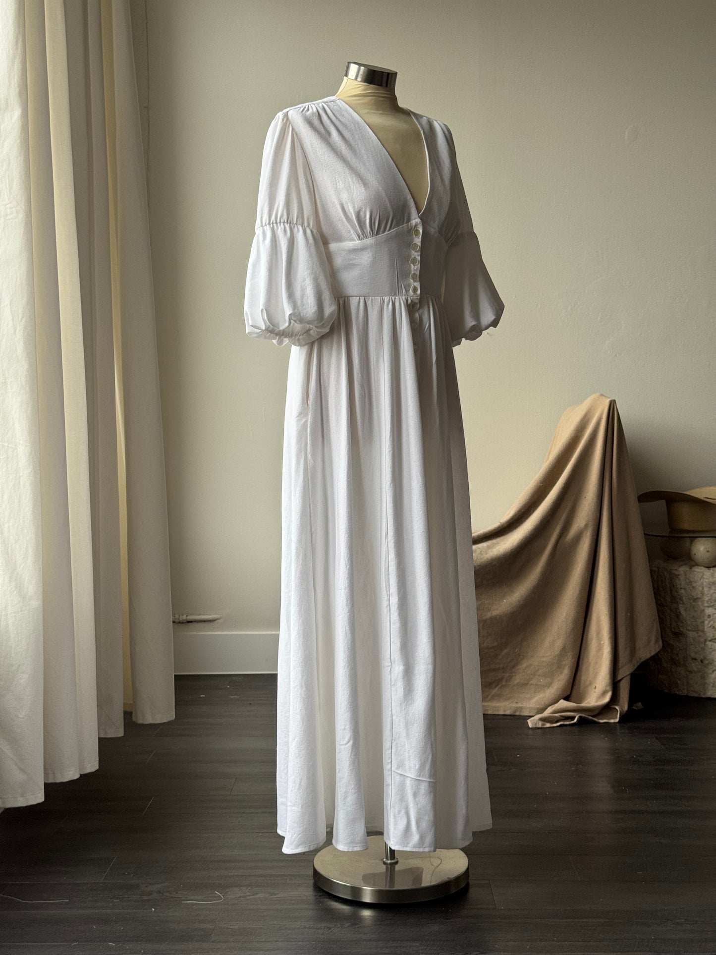 Anriette Cotton & Linen Button Front Maxi Dress In White