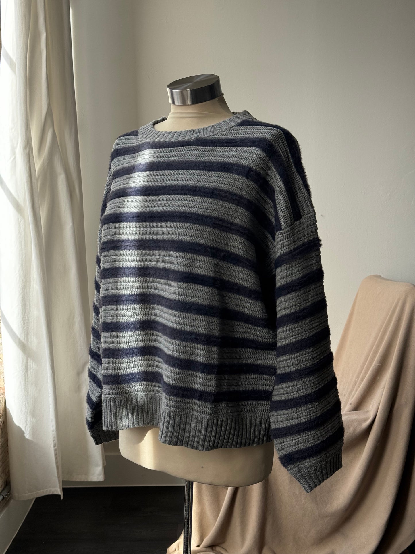 Henry Cotton Crew Neck Striped Pullover Sweater In Midnight Navy