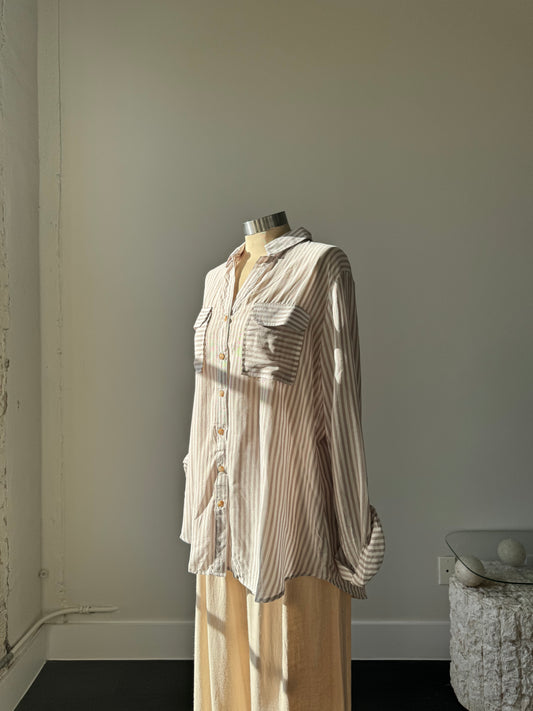Kinley Classic Striped Button Down Shirt In Taupe & White