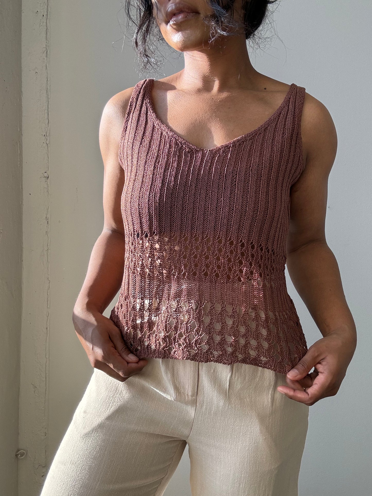 Perry Crochet Knit Tank Top In Brown