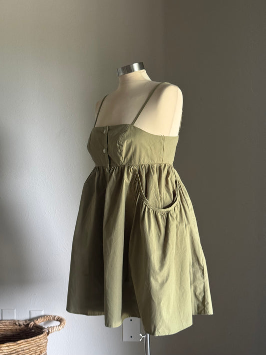 Karina Cotton Button Front Open Back Dress In Avocado 