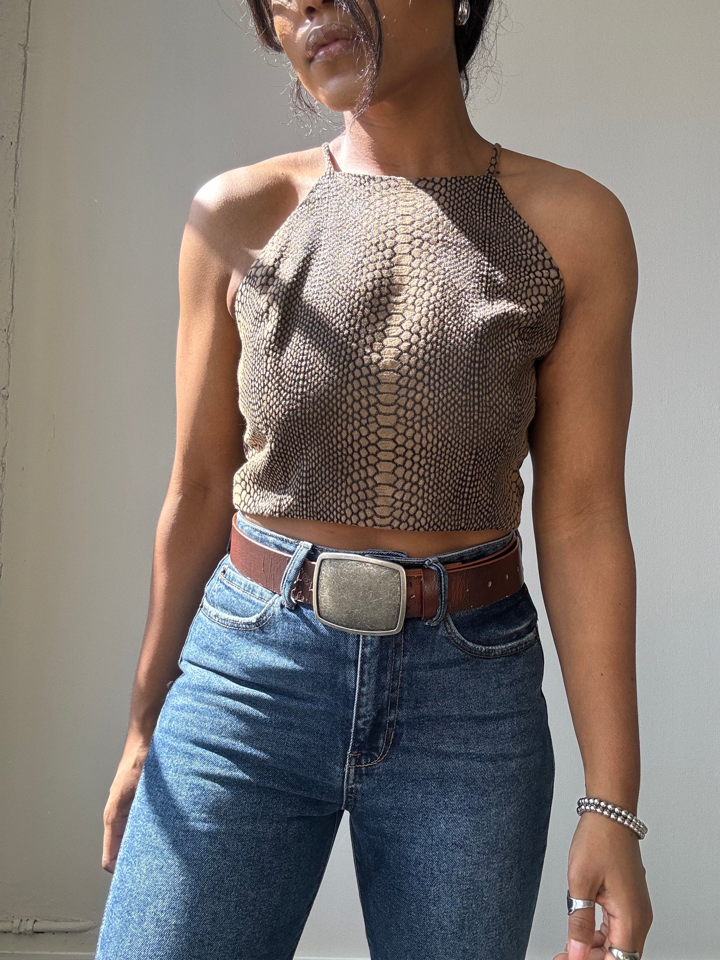 Evan Cotton Cropped Open Back Halter Top In Wild Honey Brown