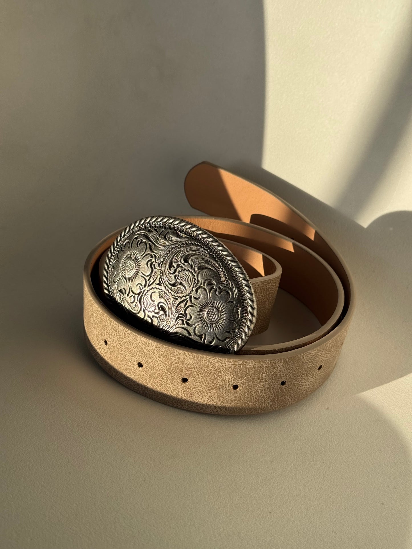 Patricia Buckle Taupe Belt In Antique Silver
