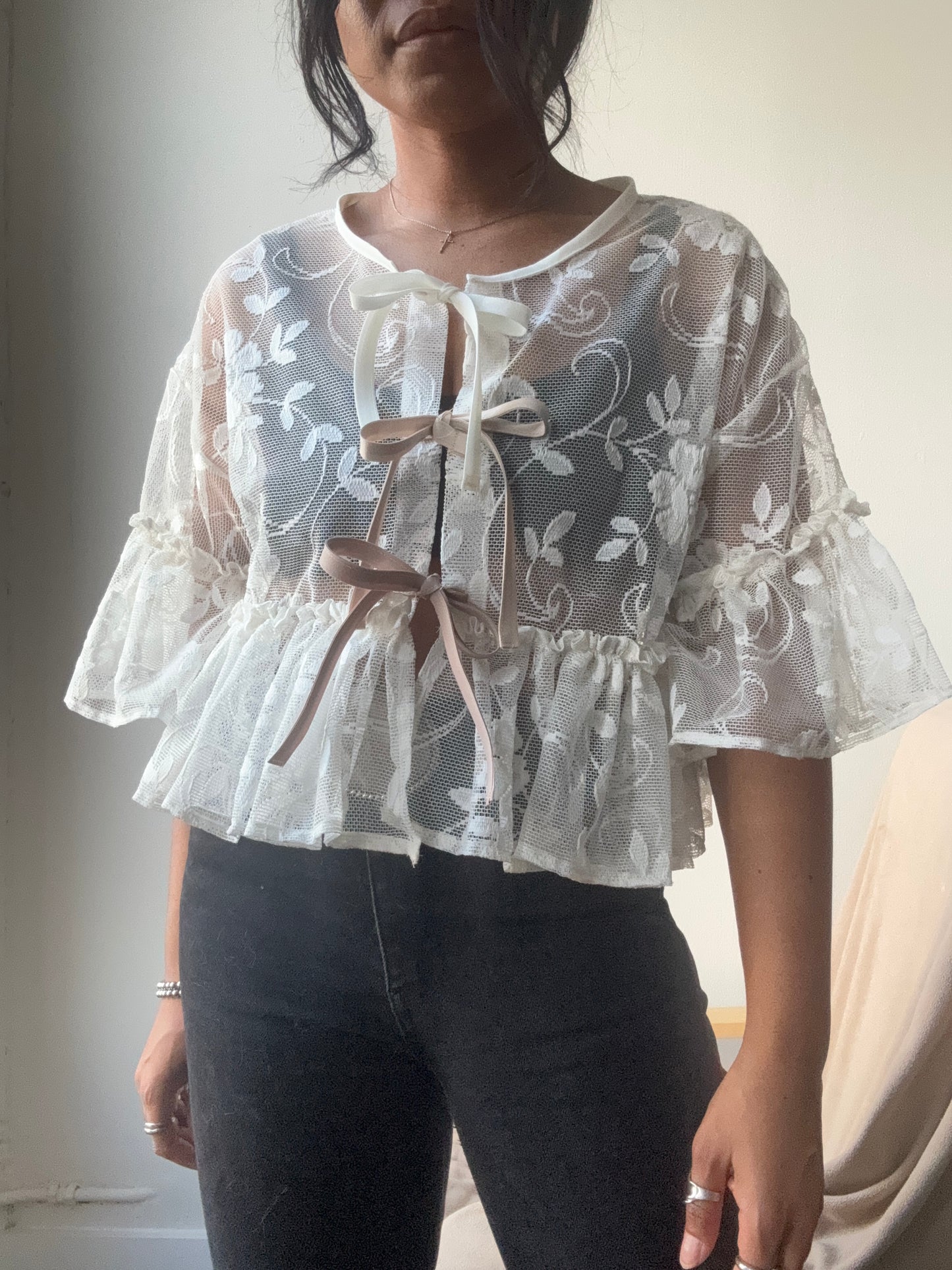 Eliza Vintage Lace Handcrafted Ruffle Top In Napoleon Cream