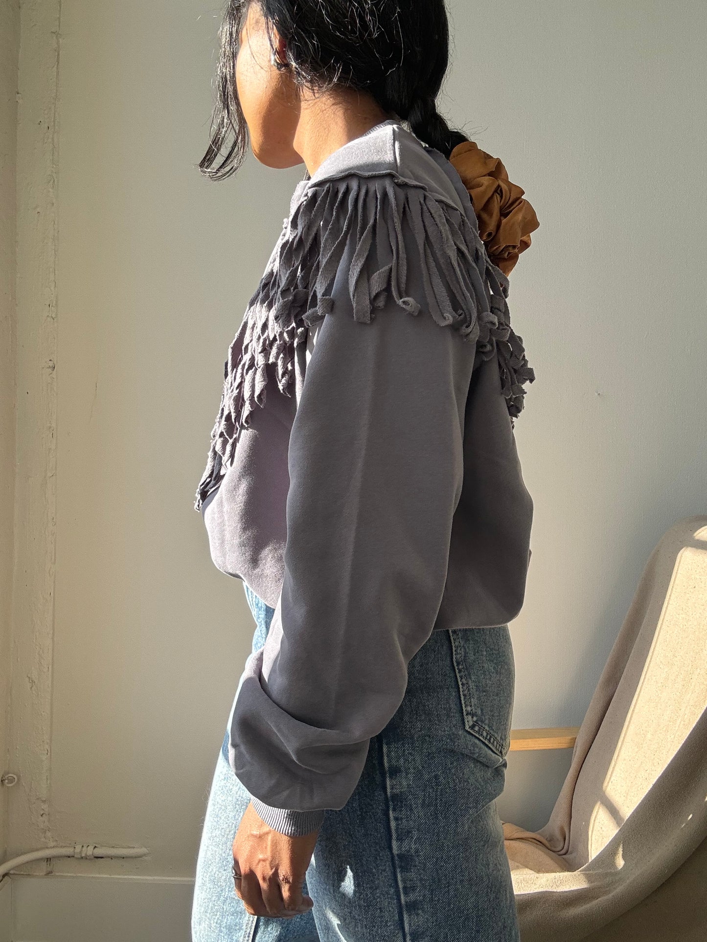 Kalon Cotton Crewneck Western Style Fringe Pullover In Charcoal