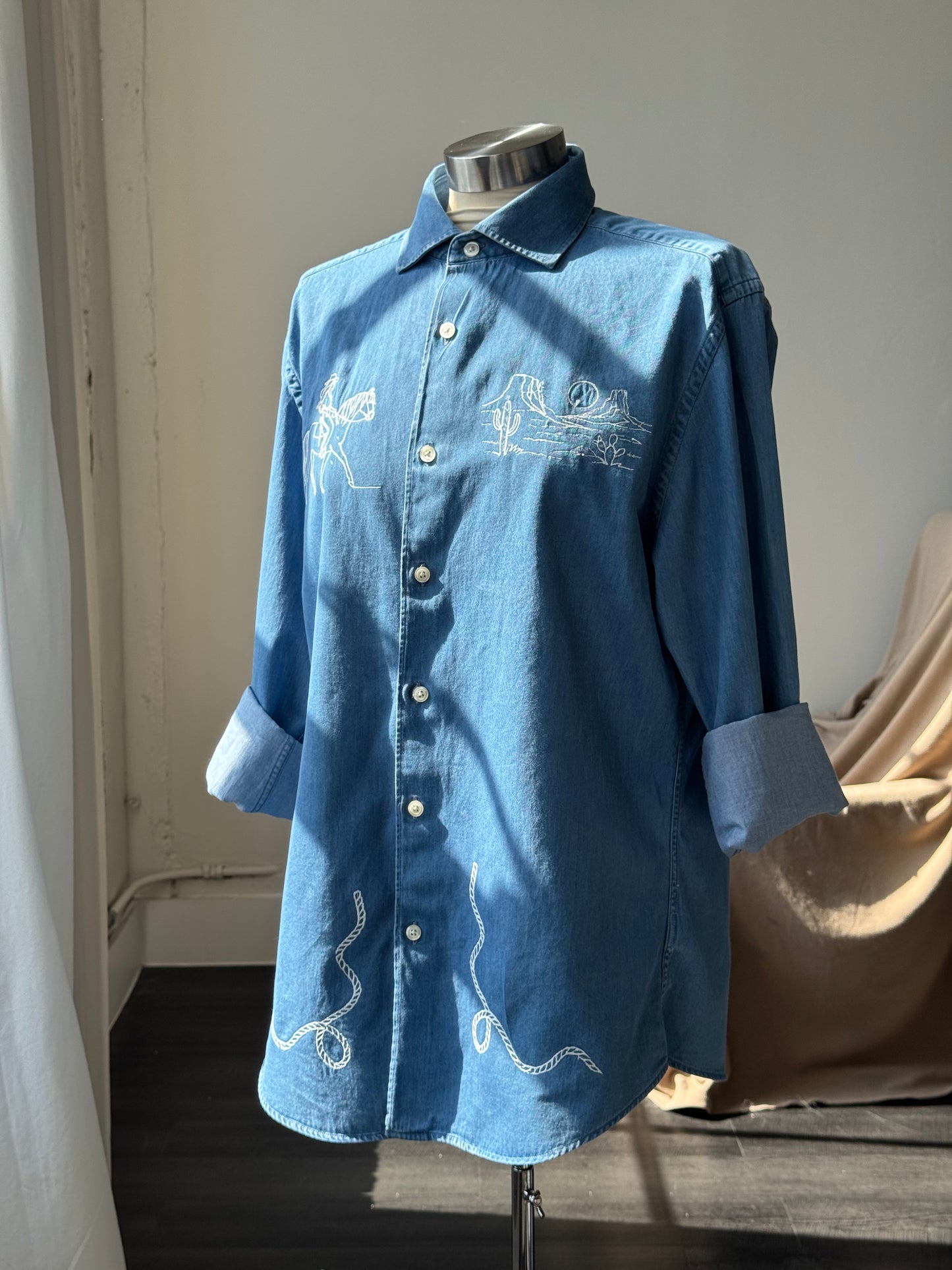 Jaxson Handcrafted Embroidered Button Down In Deep Denim