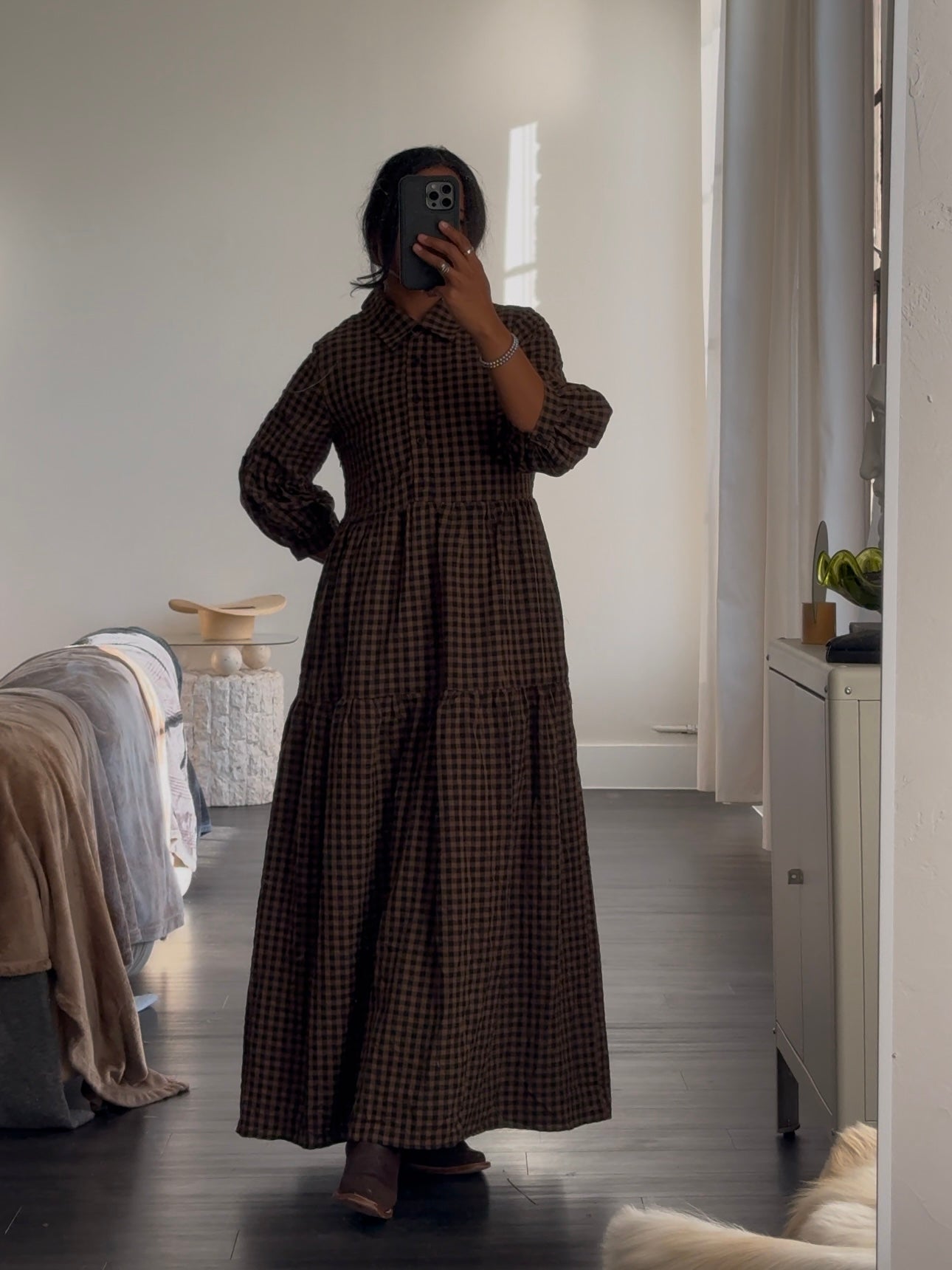Jacqueline Cotton Gingham Maxi Dress In Olive Brown