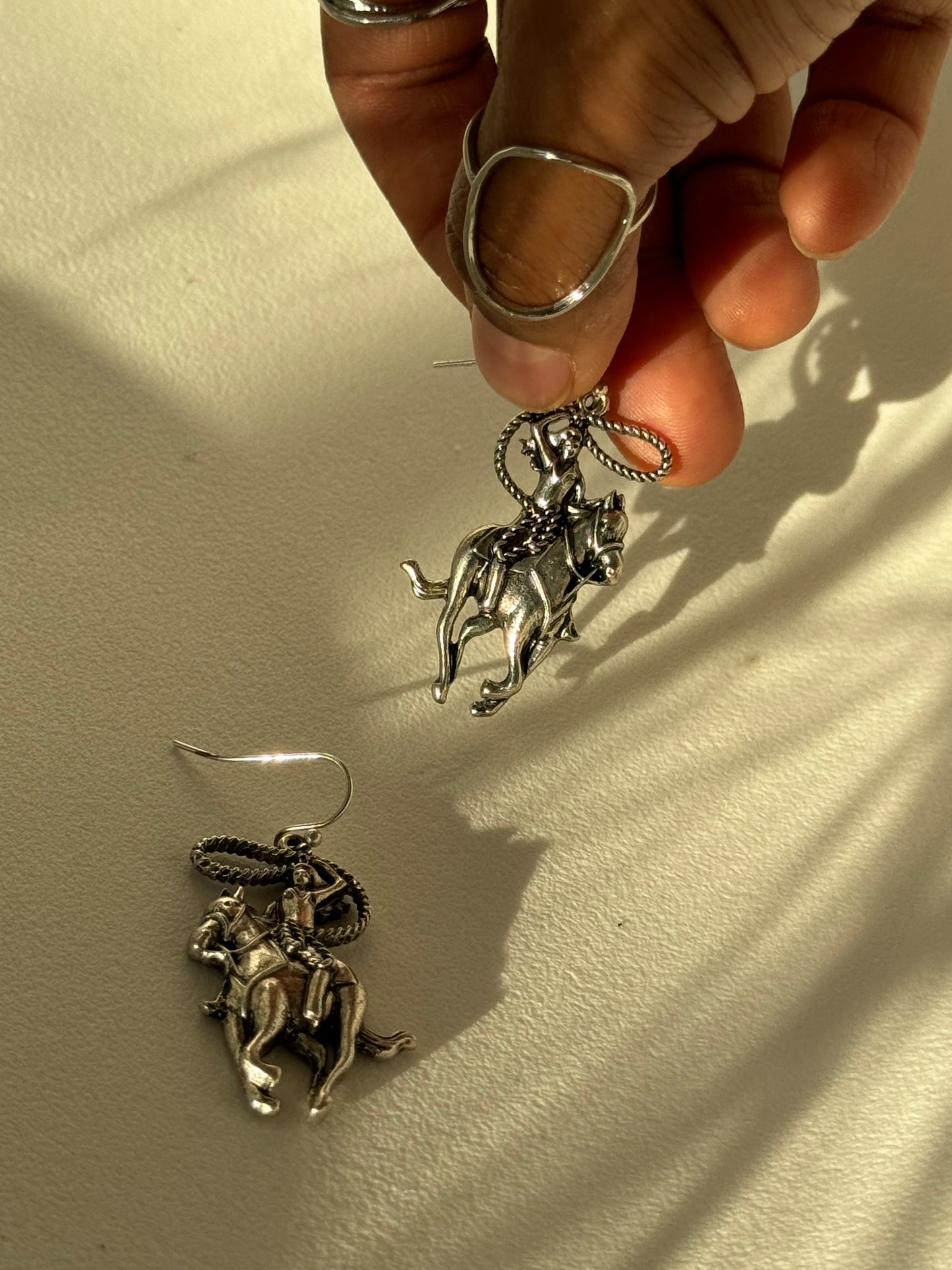 Faye Lasso Cowgirl Riding Horse Drop Earring In Antique Silver