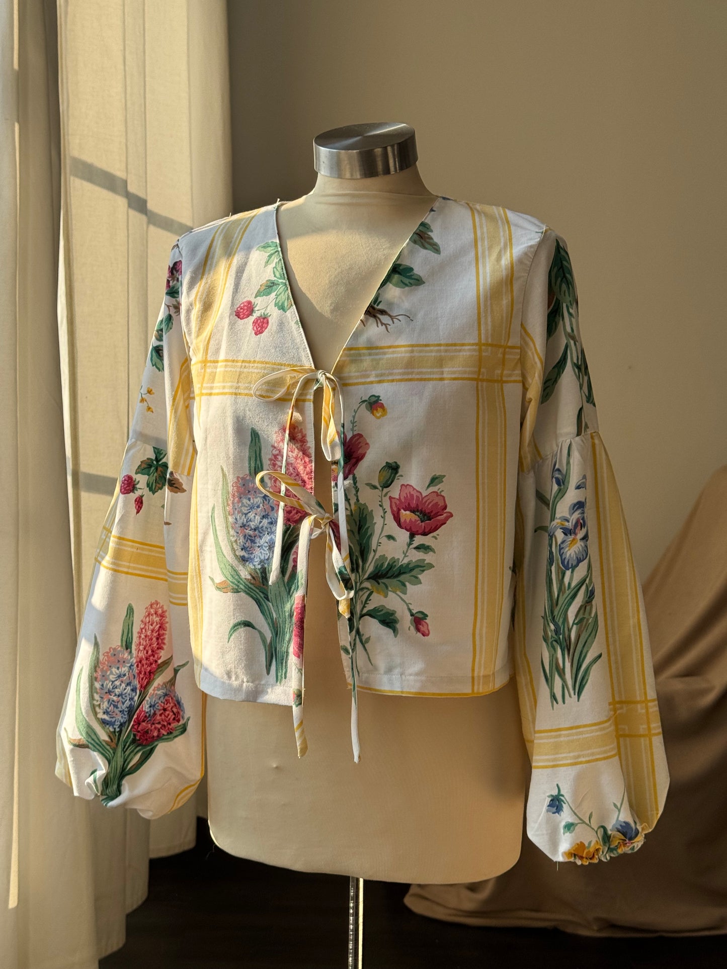 Brenda Faye Handcrafted Vintage Lantern Sleeve Tie Front Top