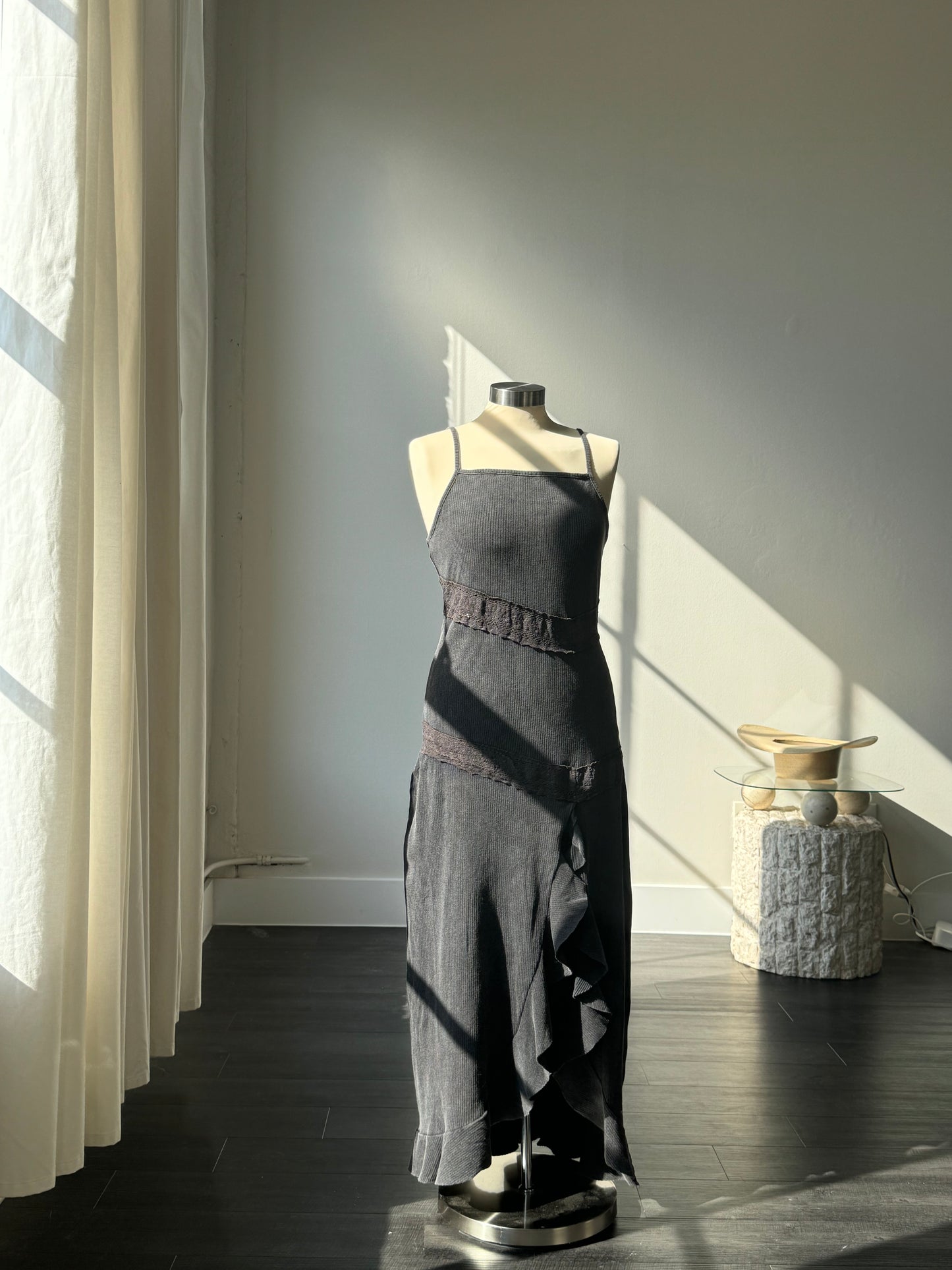 Patricia Cotton Ruffle Slit Ribbed Lace Maxi Dress In Vintage Grey