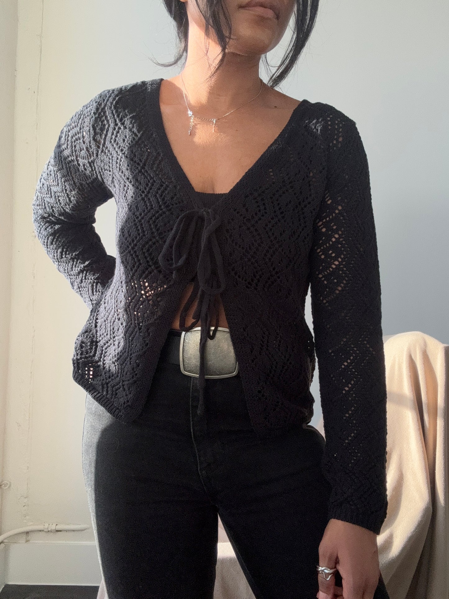 Brooks Crochet Tie Front Top In Black