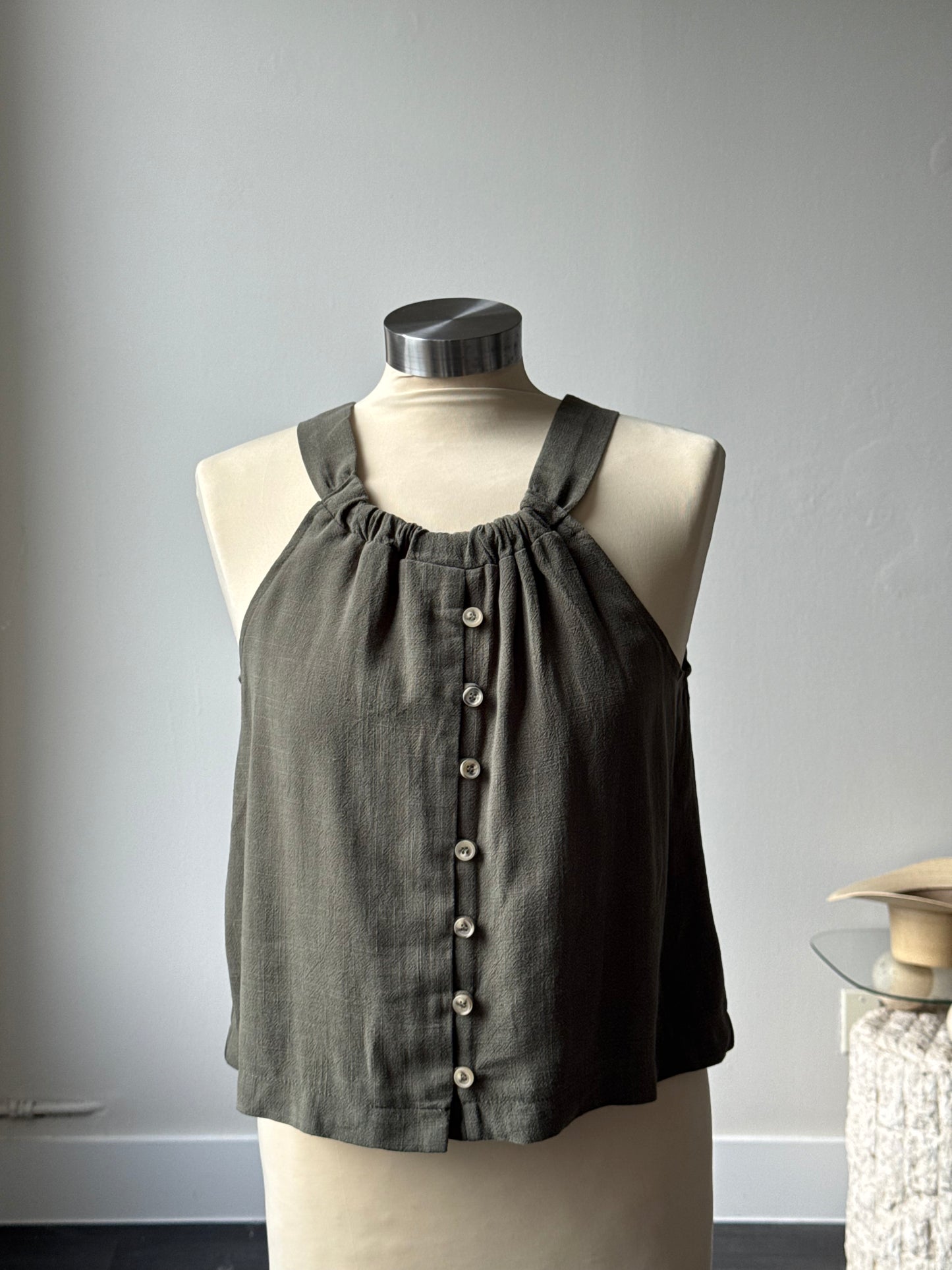 Teagan Linen Button Front Halter Tank In Olive
