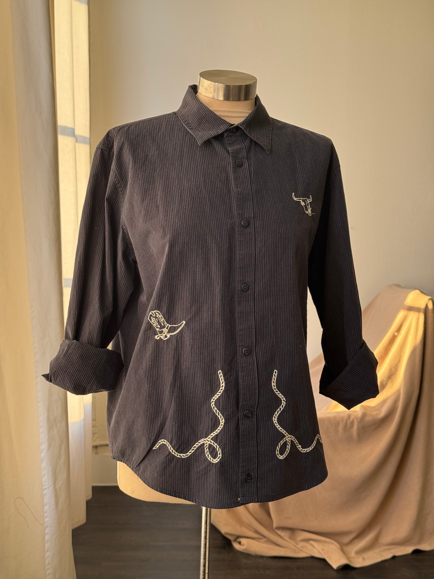 Lawrence Handcrafted Sad Songs Cropped Cotton Button Down Long Sleeve In Pinstripe Midnight Navy