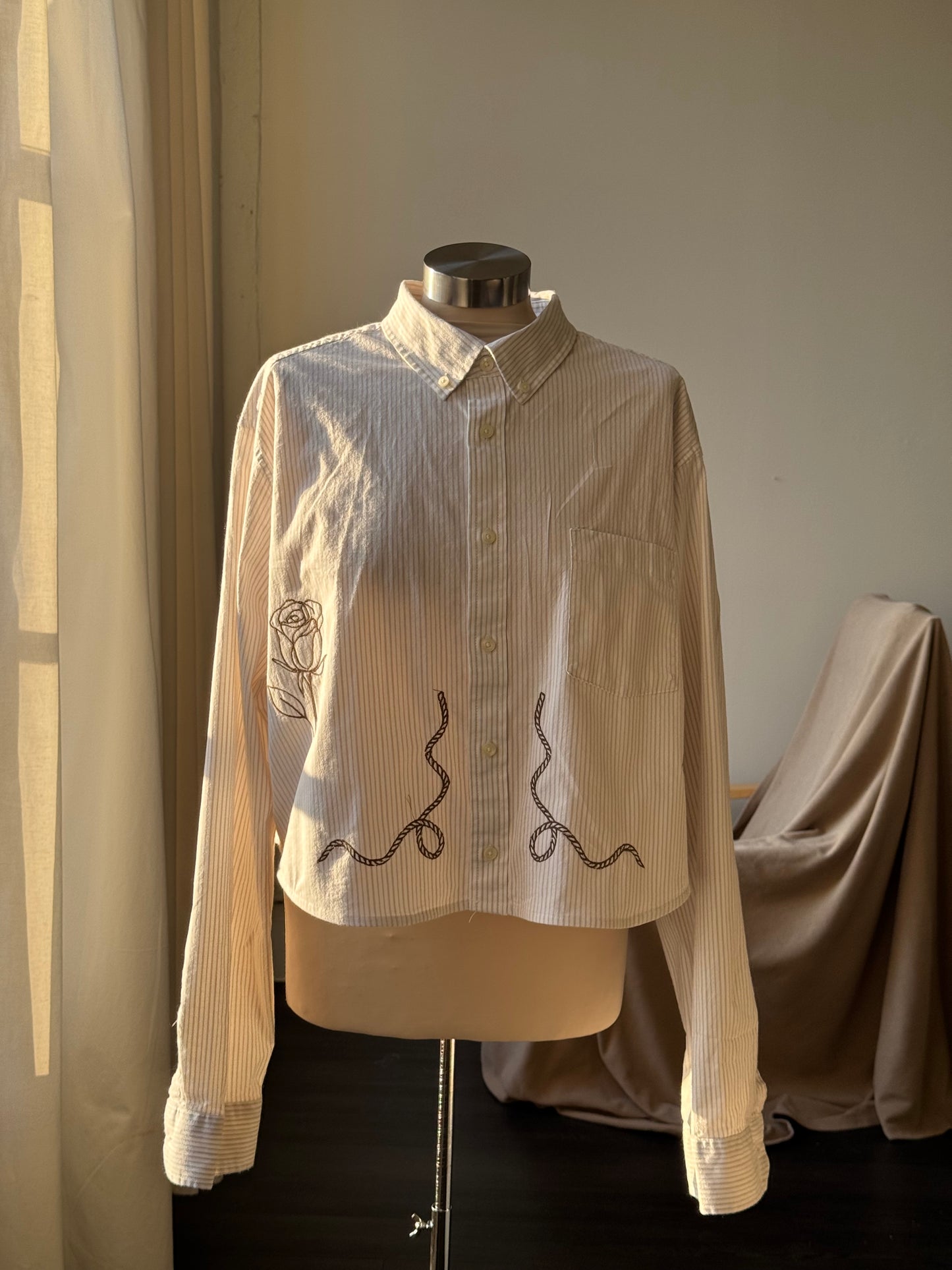 Judy Handcrafted Cropped StripedButton Down Long Sleeve