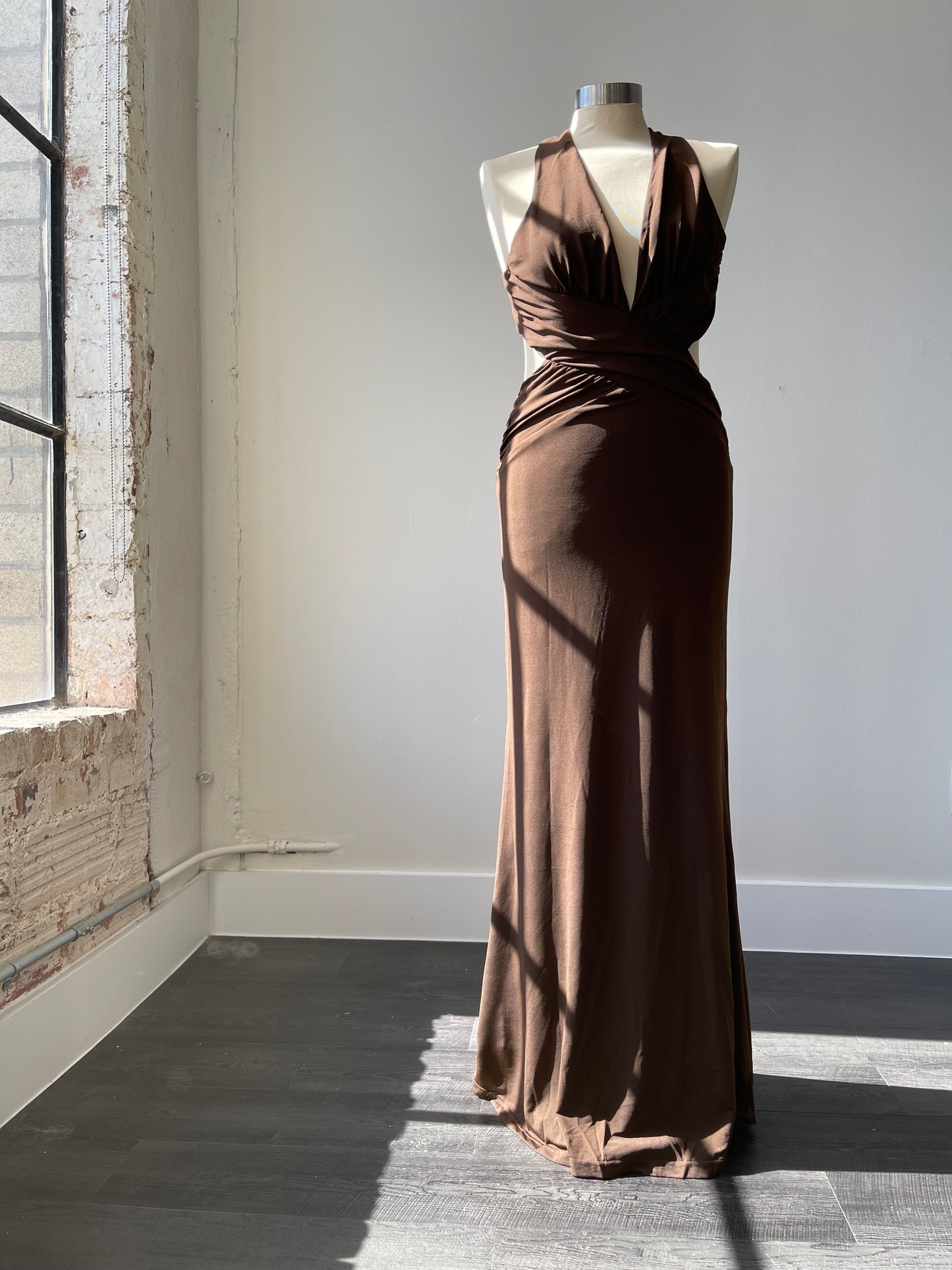 Dana Deep V Neck Open Back Halter Maxi Dress In Chocolate Brown