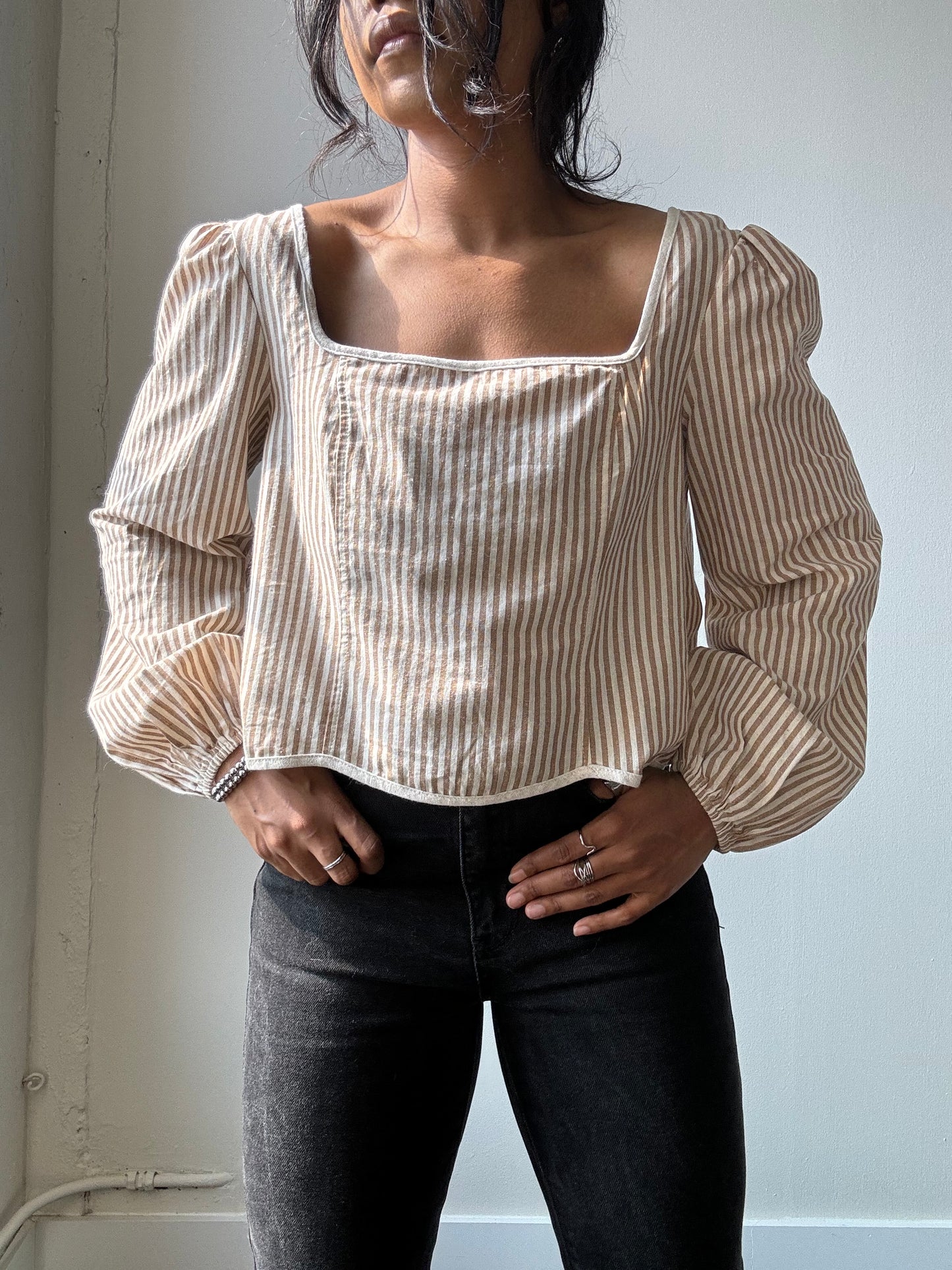 Marcella Cotton Button Back Striped Crop Top In Taupe
