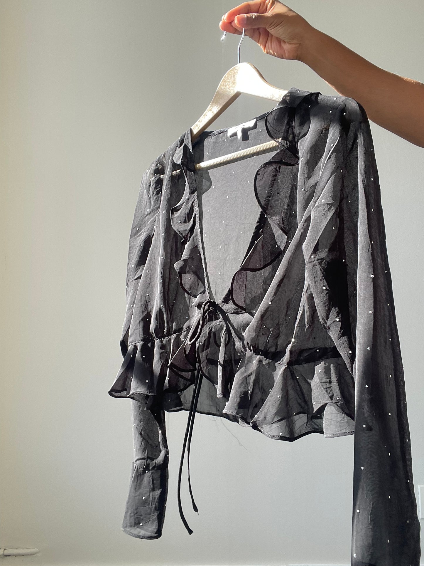 Haltom Lucky Stars Ruffle Sheer Crop Top In Black & Silver