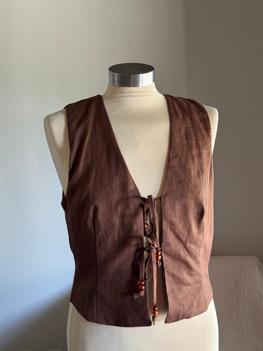 Jolene Linen Tie Front Bead Vest In Chocolate