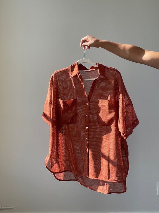 Sawyer Knit Mesh Oversized Short Sleeve Button Down In Brick