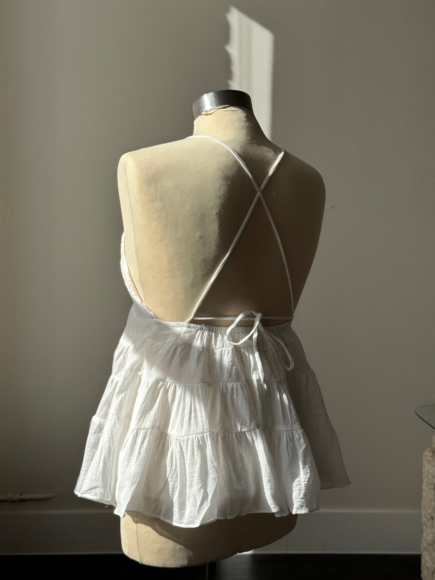 Crimson Cotton & Linen Embroidered Tiered Open Back Cami Top In White