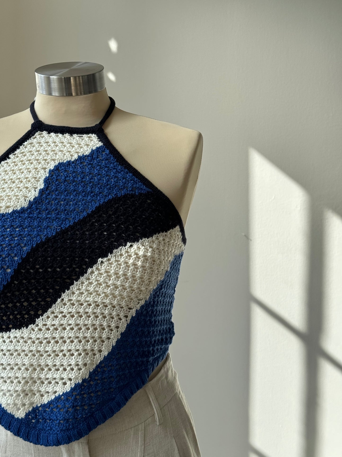 Billie Cotton Crochet Wave Halter Open Back Top In Cobalt Blue