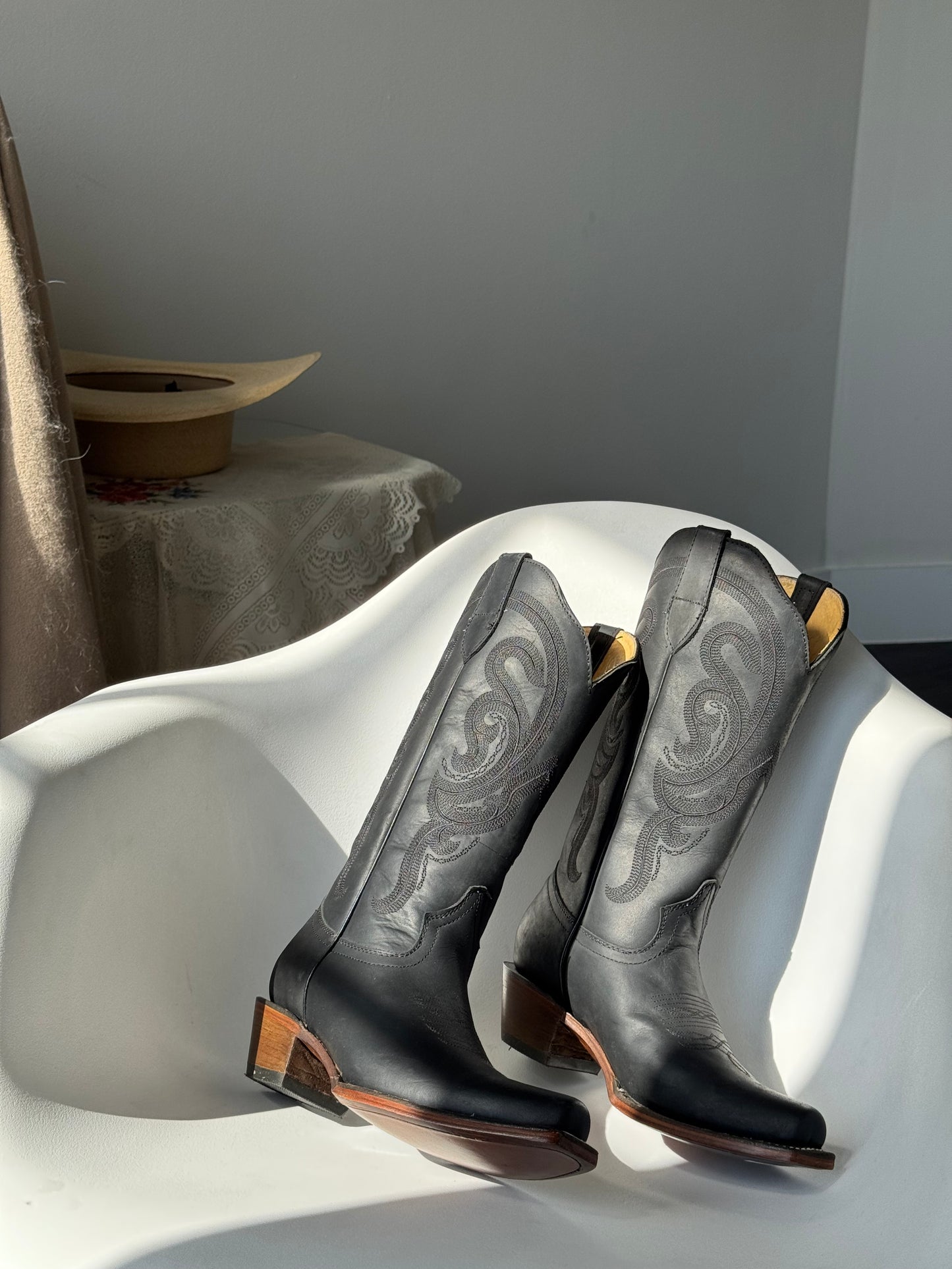 Matte Black Genuine, leather, Cowboy Boots