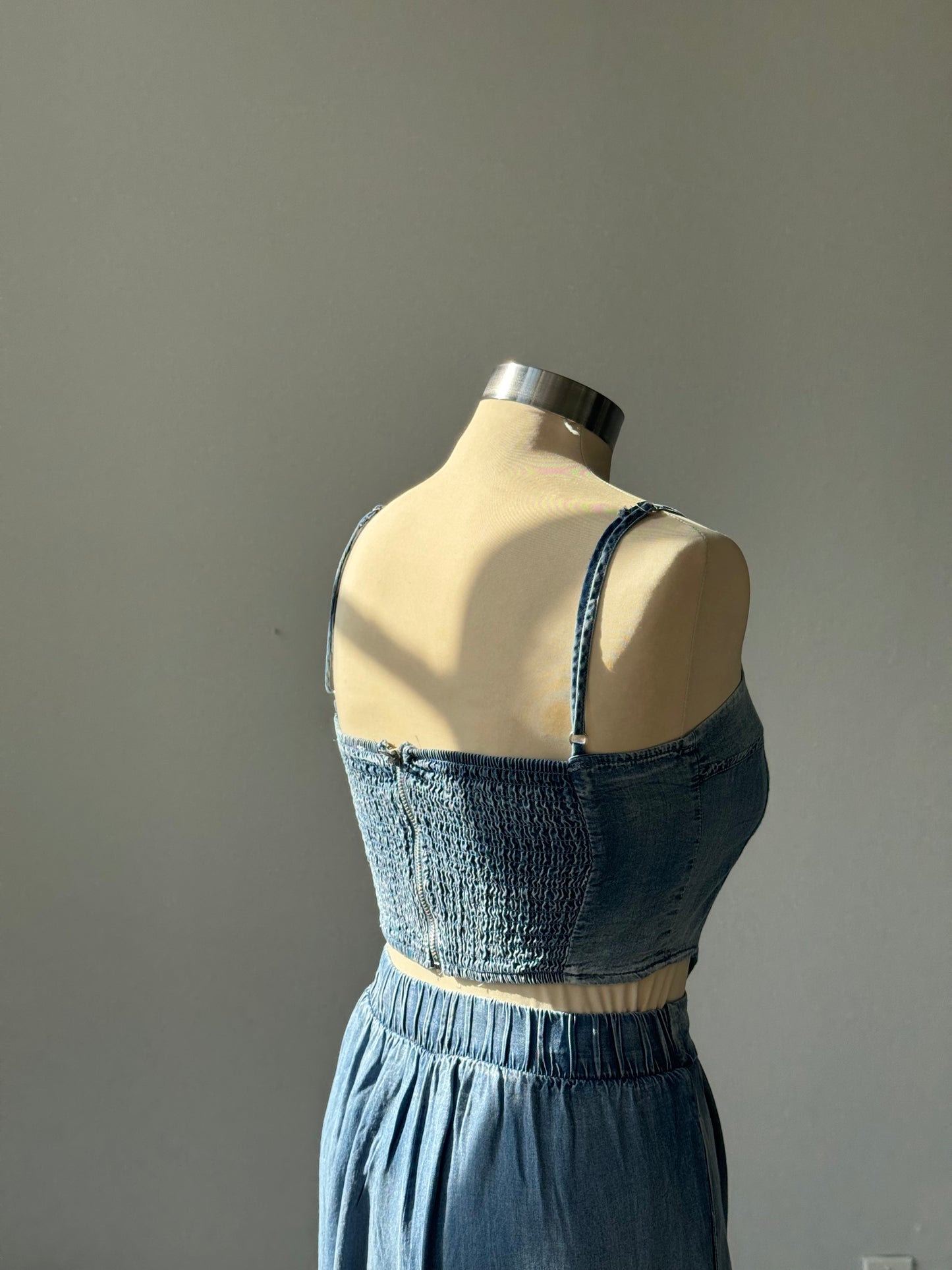 Jessie Denim Printed Corset Top In Faded Indigo