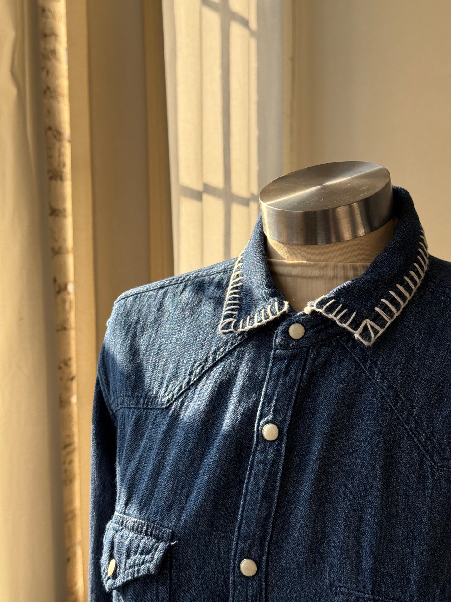 Michael Handcrafted Cowboy Stitch Embroidered Button Down In Denim