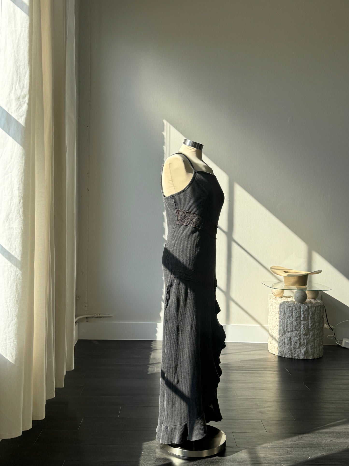 Patricia Cotton Ruffle Slit Ribbed Lace Maxi Dress In Vintage Grey