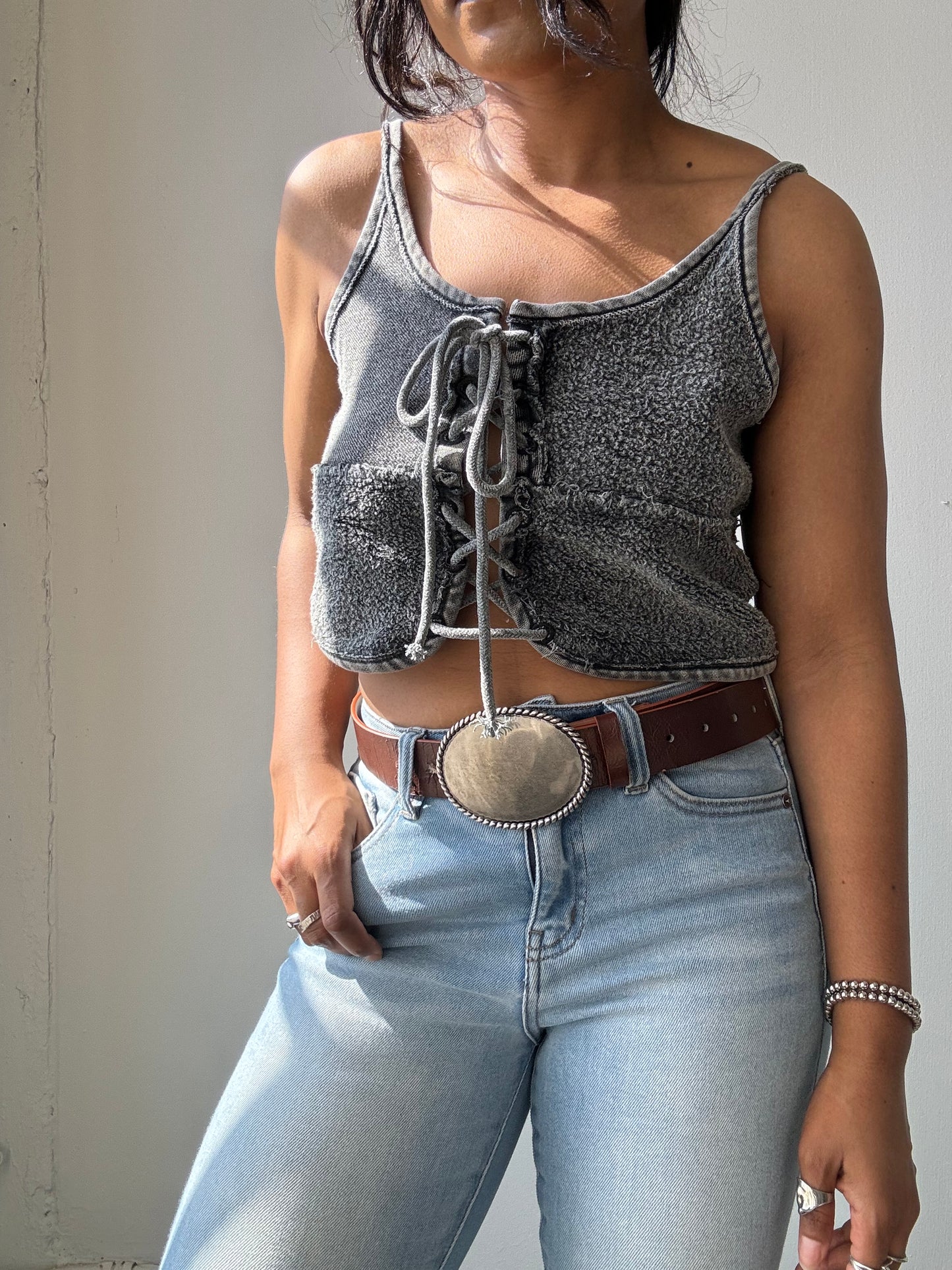 Pauline Cotton Lace Front Crop Top In Acid Black