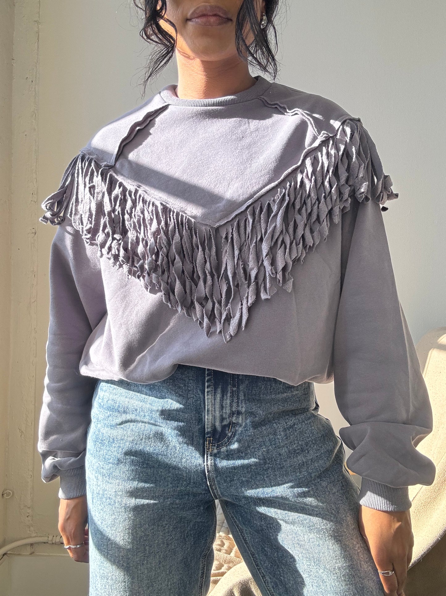Kalon Cotton Crewneck Western Style Fringe Pullover In Charcoal