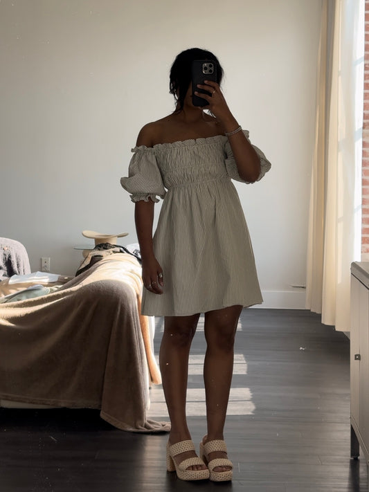 Kinsley Cotton Cold Shoulder Striped Dress In Sage
