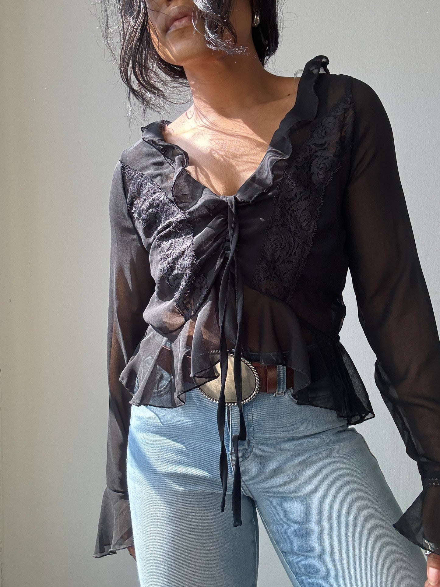 Melody Sheer Lace Tie Front Ruffled Top In Black