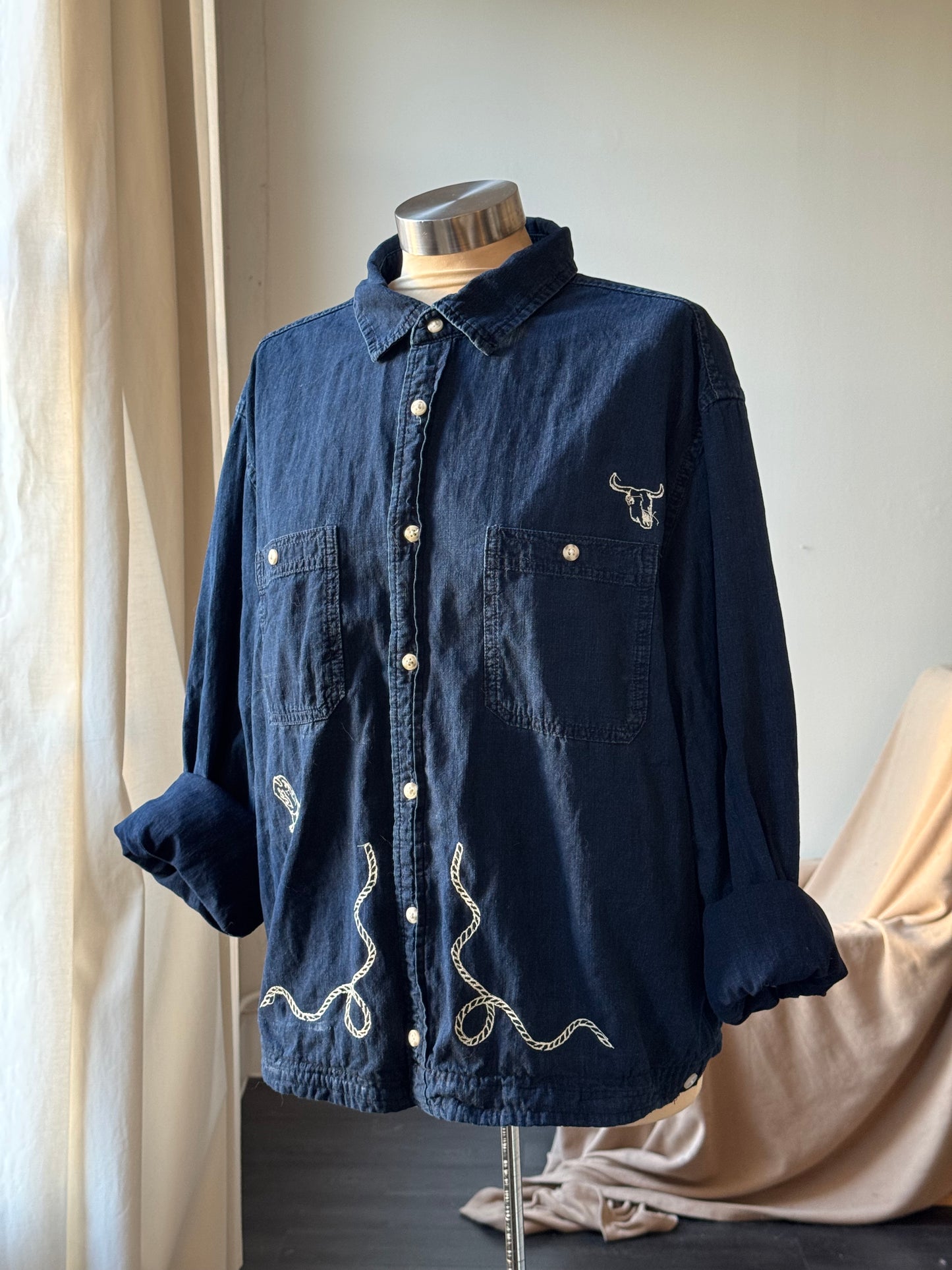 The Lawrence Handcrafted Sad Songs Cropped Cotton Button Down Long Sleeve