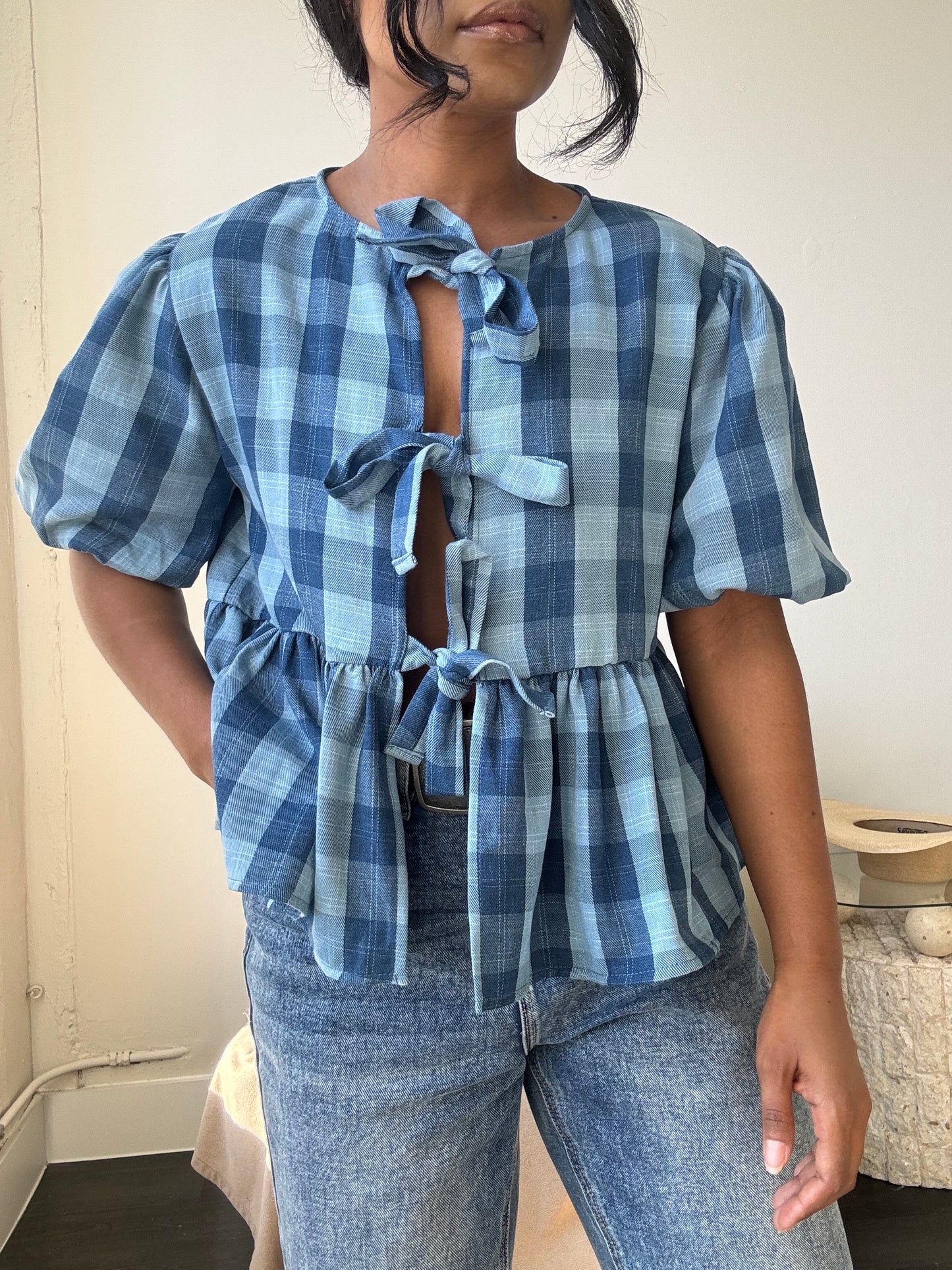 Gable Cotton Plaid Tie Top In Vintage Denim Blue