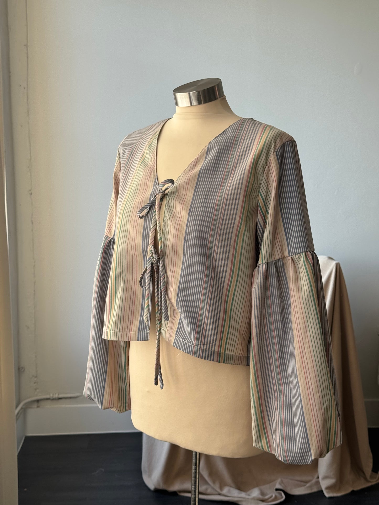 Brenda Faye Handcrafted Vintage Striped Lantern Sleeve Tie Front Top