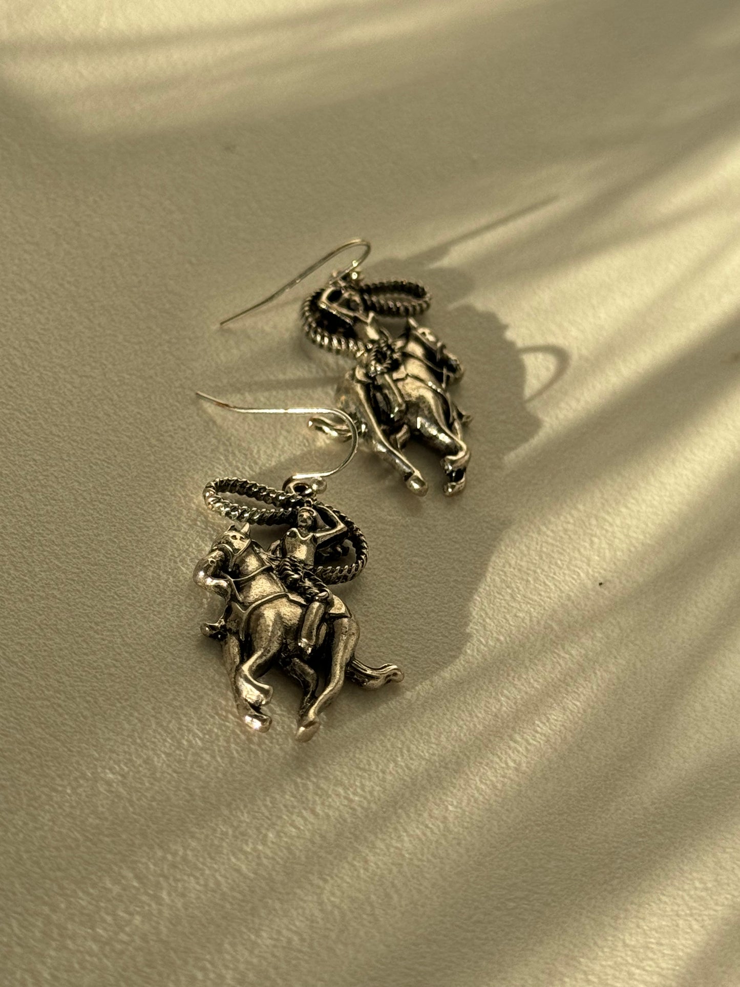 Faye Lasso Cowgirl Riding Horse Drop Earring In Antique Silver